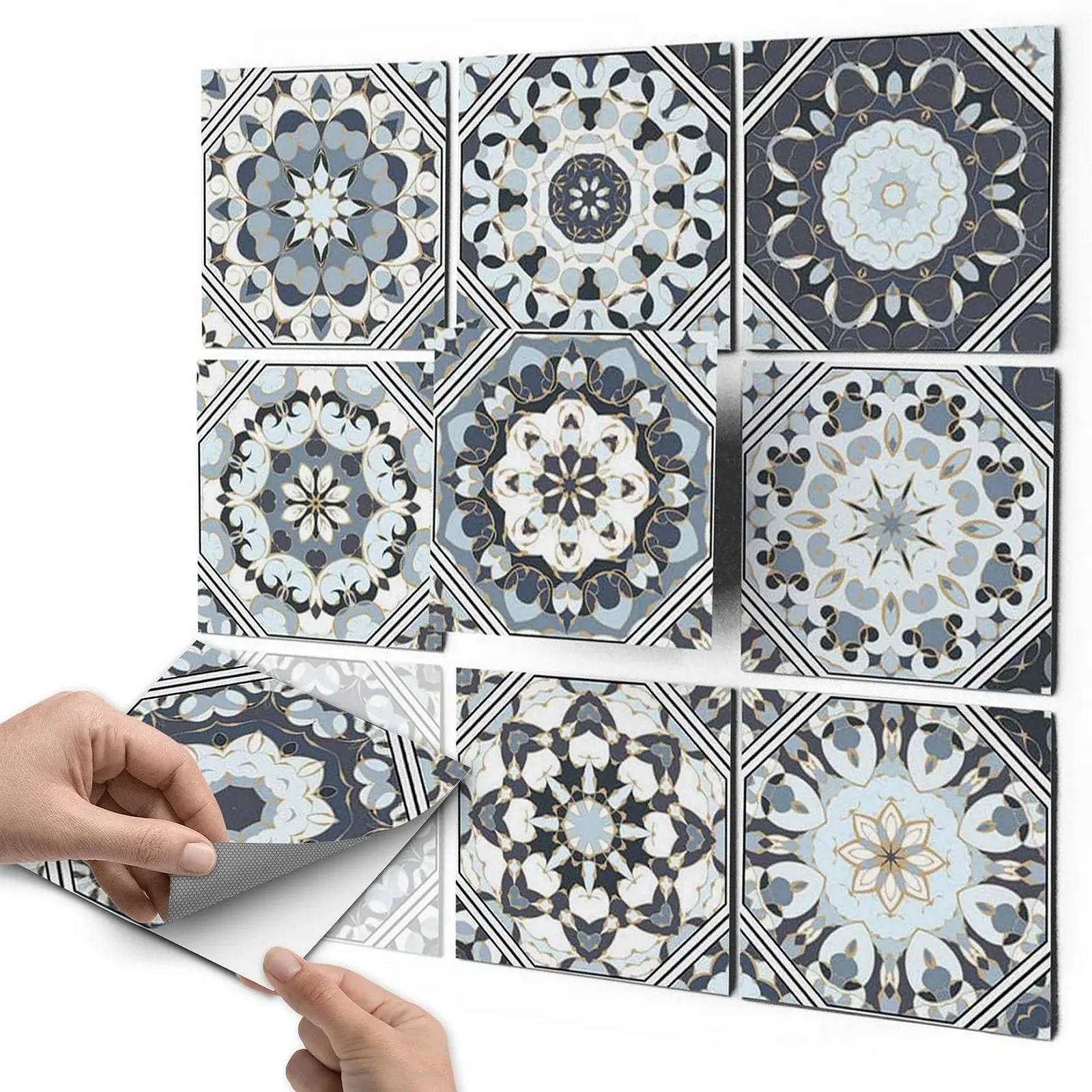 Наклейки на плитку Плівка для ванної та кухні Бірюзові орнаменти 9 шт. 10 x 10 см 54 елементи, фото №1