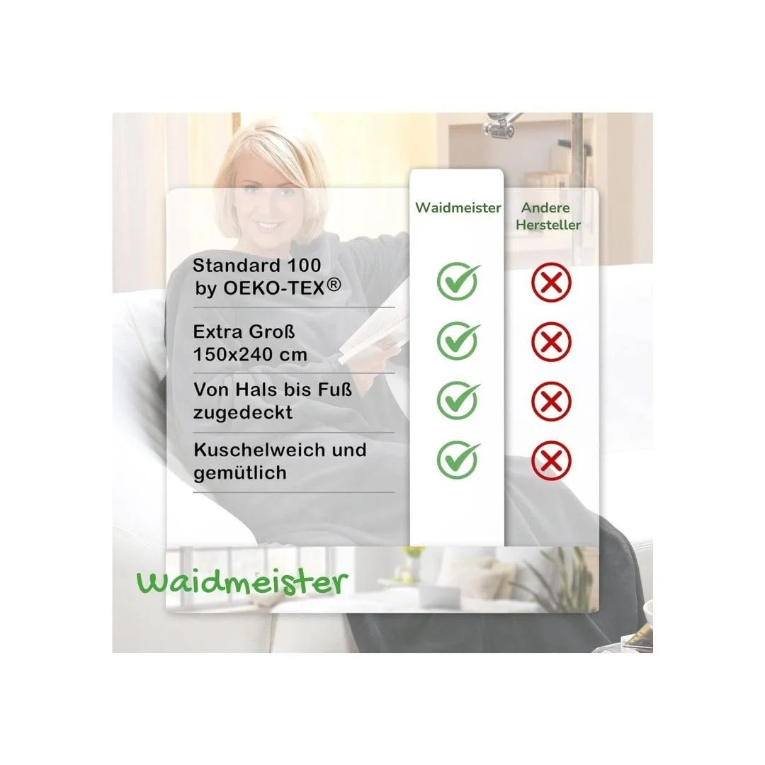 Одеяло с рукавами Waidmeister XXL 150 x 240 см - Теплое, мягкое и пушистое - Уютное одеяло с рукавами для взрослых - TV одеяло с рукавами для мужчин и женщин - Oeko-Tex 100 (Антрацит), фото №3