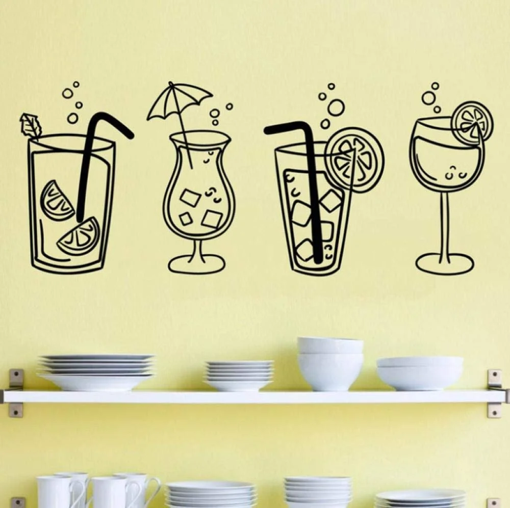 Наклейка на стіну Коктейльні келихи Напої Алкоголь Декор для кухні та бару 57 x 24 см, фото №1