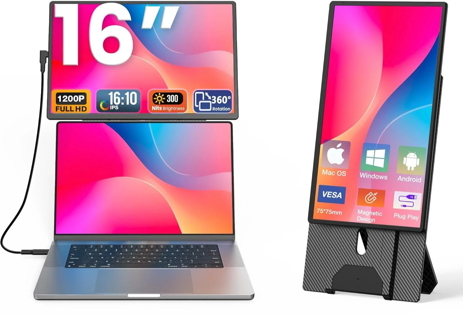 Монитор портативный 16" Kwumsy N2 Full HD IPS 60 Гц, фото №1