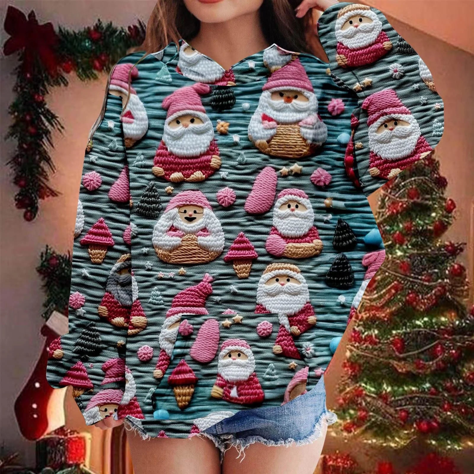 Худи Рождественское для мальчиков и девочек, цветное с длинными рукавами и капюшоном с оленем, фото №3