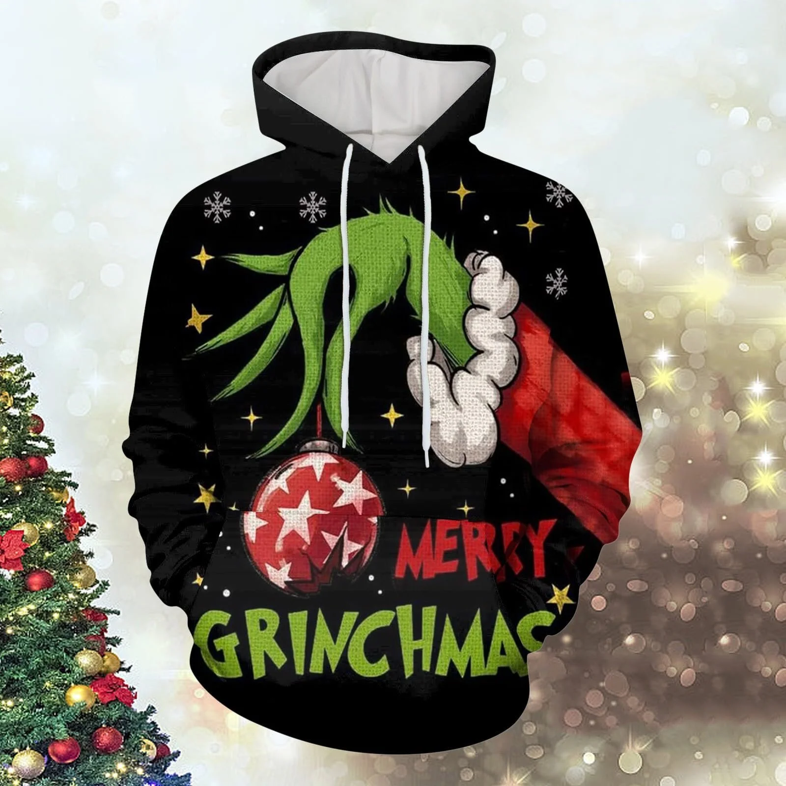 Рождественский джемпер BHXUTK Женская рождественская толстовка Женская зеленая толстовка с кулиской Уродливый 3D смешной принт Свитшот с длинными рукавами и капюшоном Зимние большие топы Праздничная толстовка, фото №2