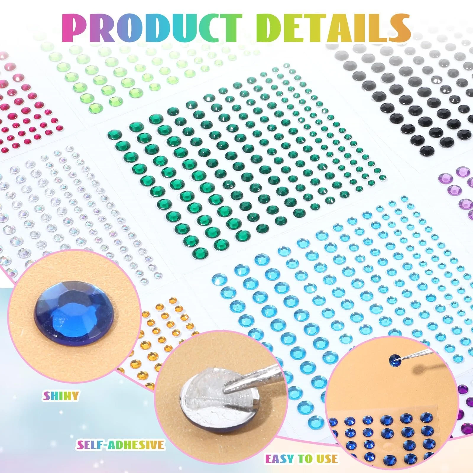 Самоклеючі блискучі стрази Larrel, 3/4/5/6 мм, 3300 шт, різних кольорів, фото №3