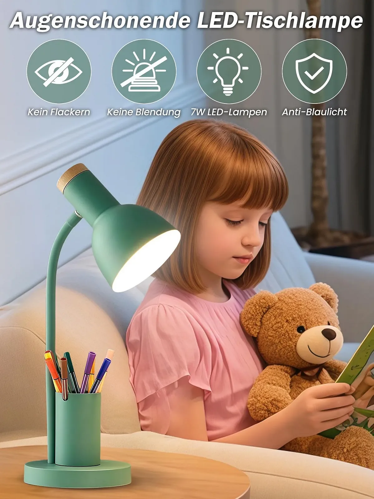 Настільна лампа LED З тримачем для ручок 3 режими кольору Металева Зелена, фото №5