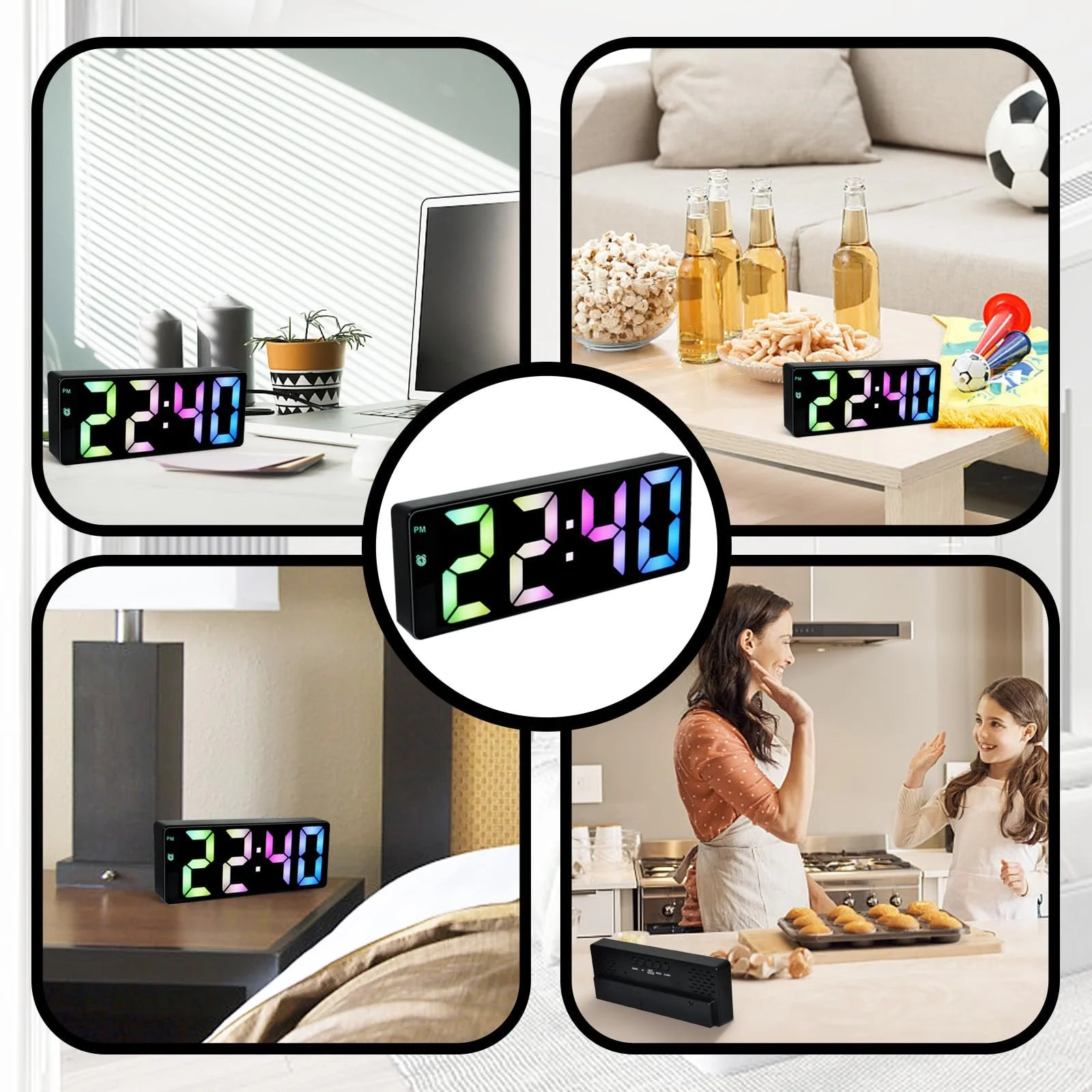 Цифровой Будильник с LED экраном, Цветной, Настольный, USB/Батарейках, Отображение Температуры, Регулируемая Яркость, Голосовое Управление, 12/24 Часовой Формат для Дома, фото №7