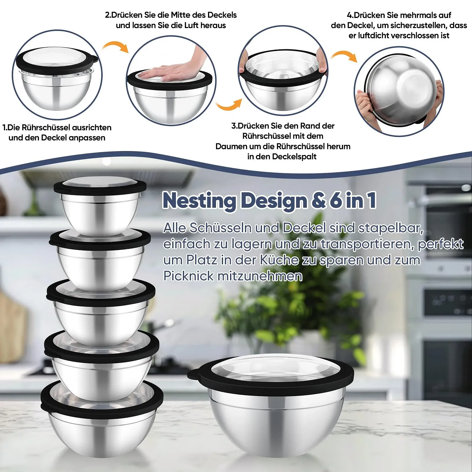 Набор мисок для смешивания Homikit 6 предметов 4.5 л 2.8 л 2.5 л 1.6 л 1.2 л 0.7 л Stainless Steel Black, фото №5