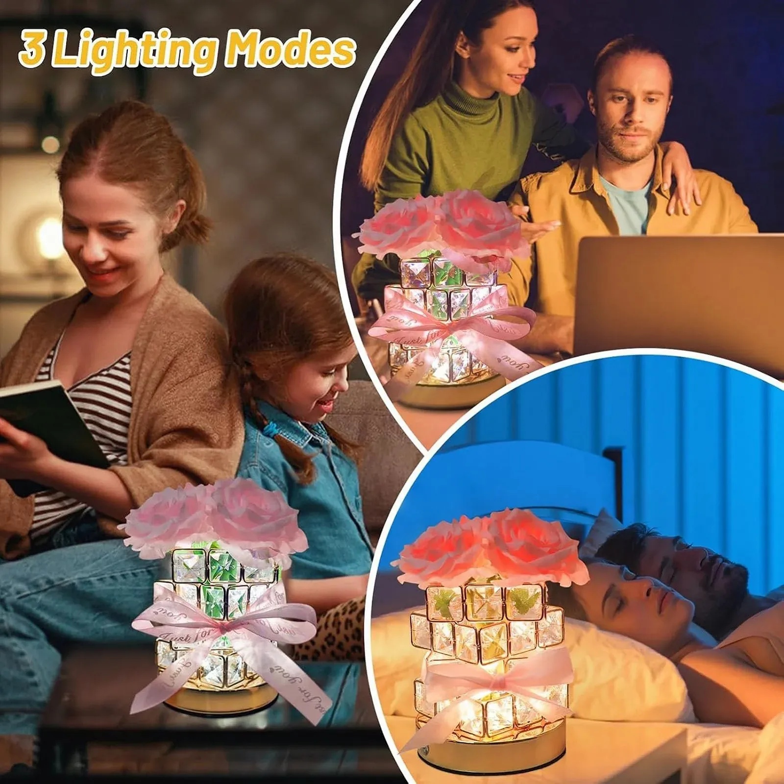 Настольная лампа Pink Crystal Flower Lamp беспроводная аккумуляторная 3 цвета LED розовая, фото №4