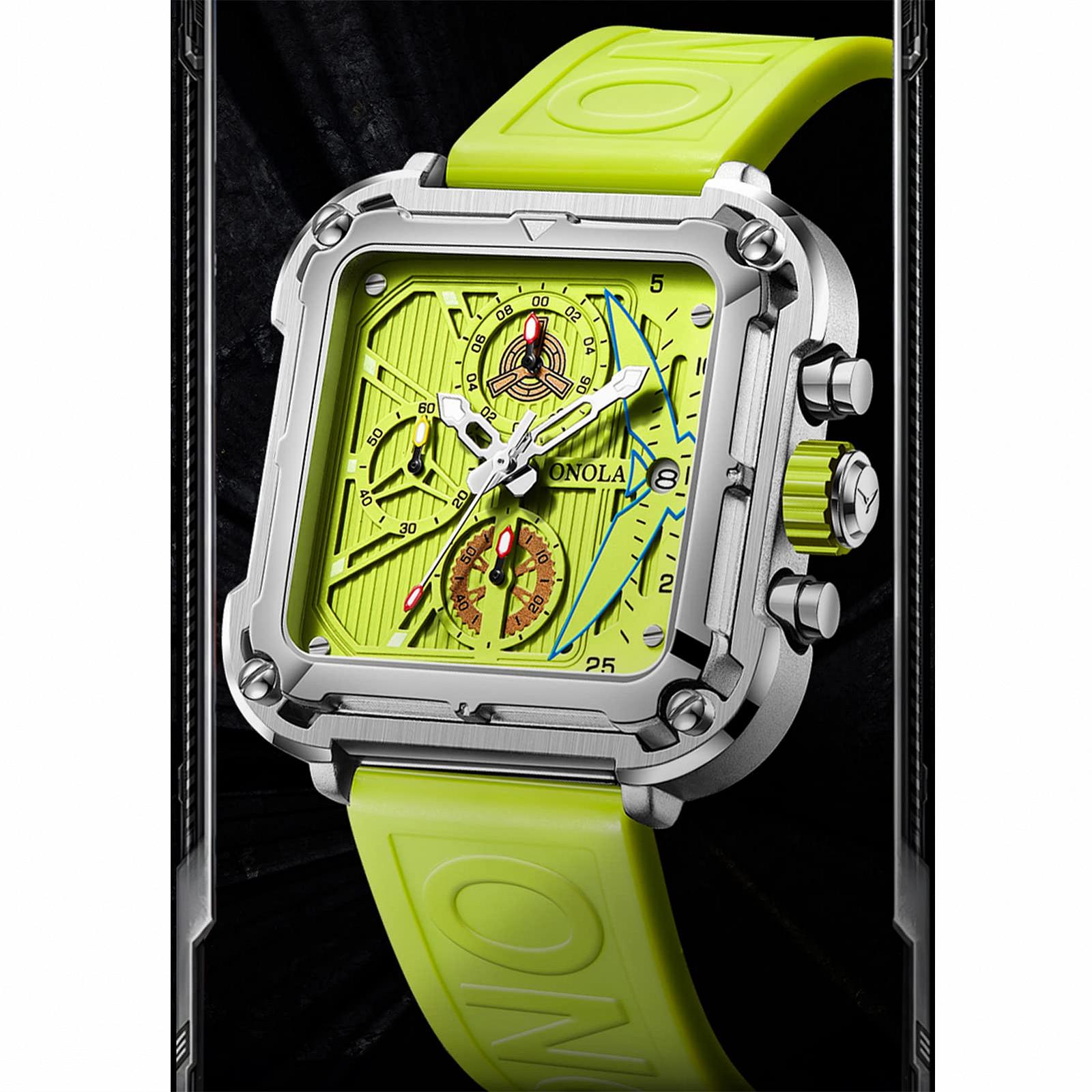 Годинник FORSINING Men's Fashion Square Large Dial Sports Chronograph Analog Qaurtz Чоловічий Наручний Годинник Бізнес Силіконовий Ремінець Зелений, фото №6