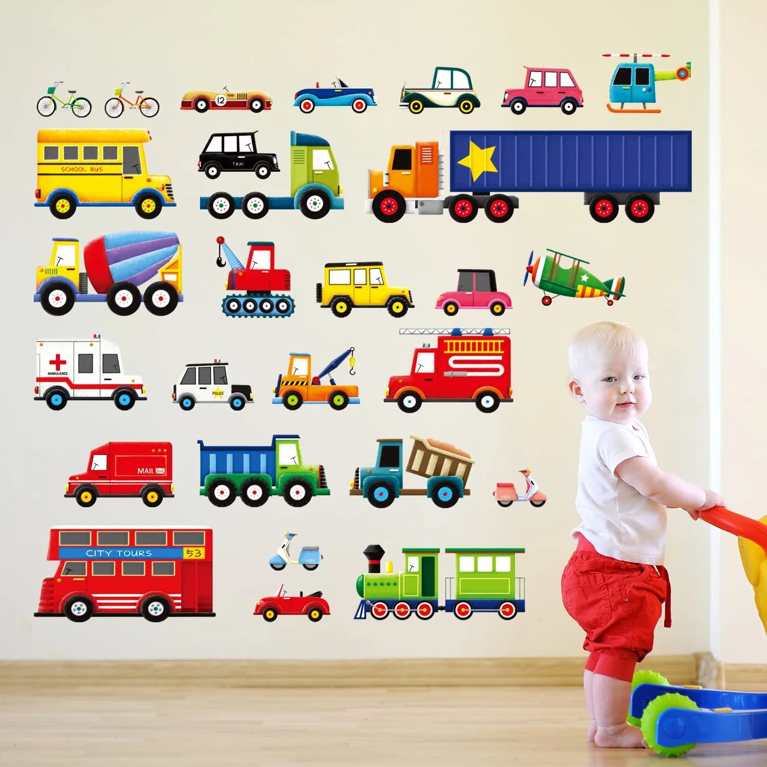 Наклейки на стіну Decowall DW-1605 27 транспортних засобів для дитячої кімнати, фото №2