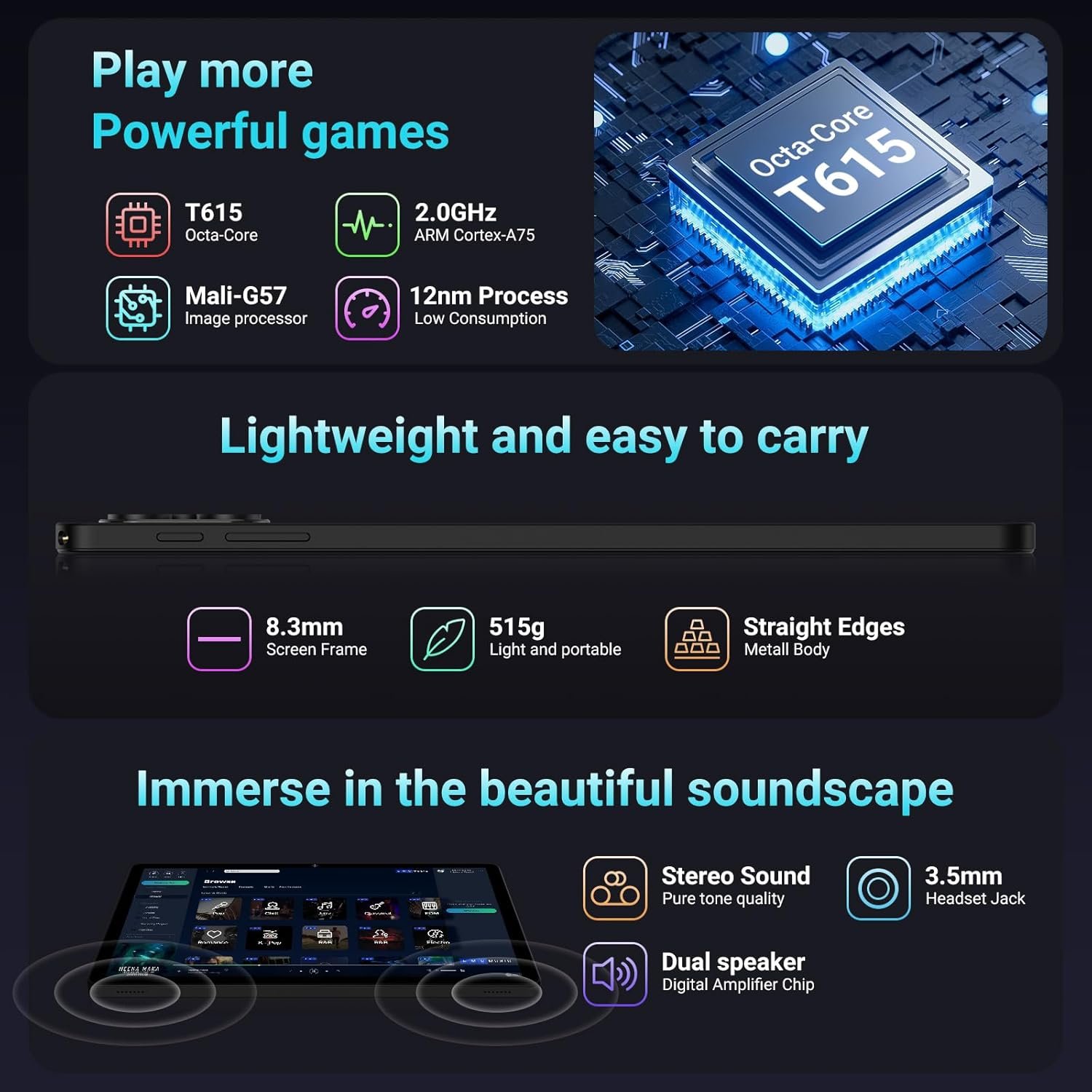 Планшет 11" Full HD RUSHAR M148 12+24/256ГБ 8 ядер Android 15 Черный 8000 mAh, фото №4