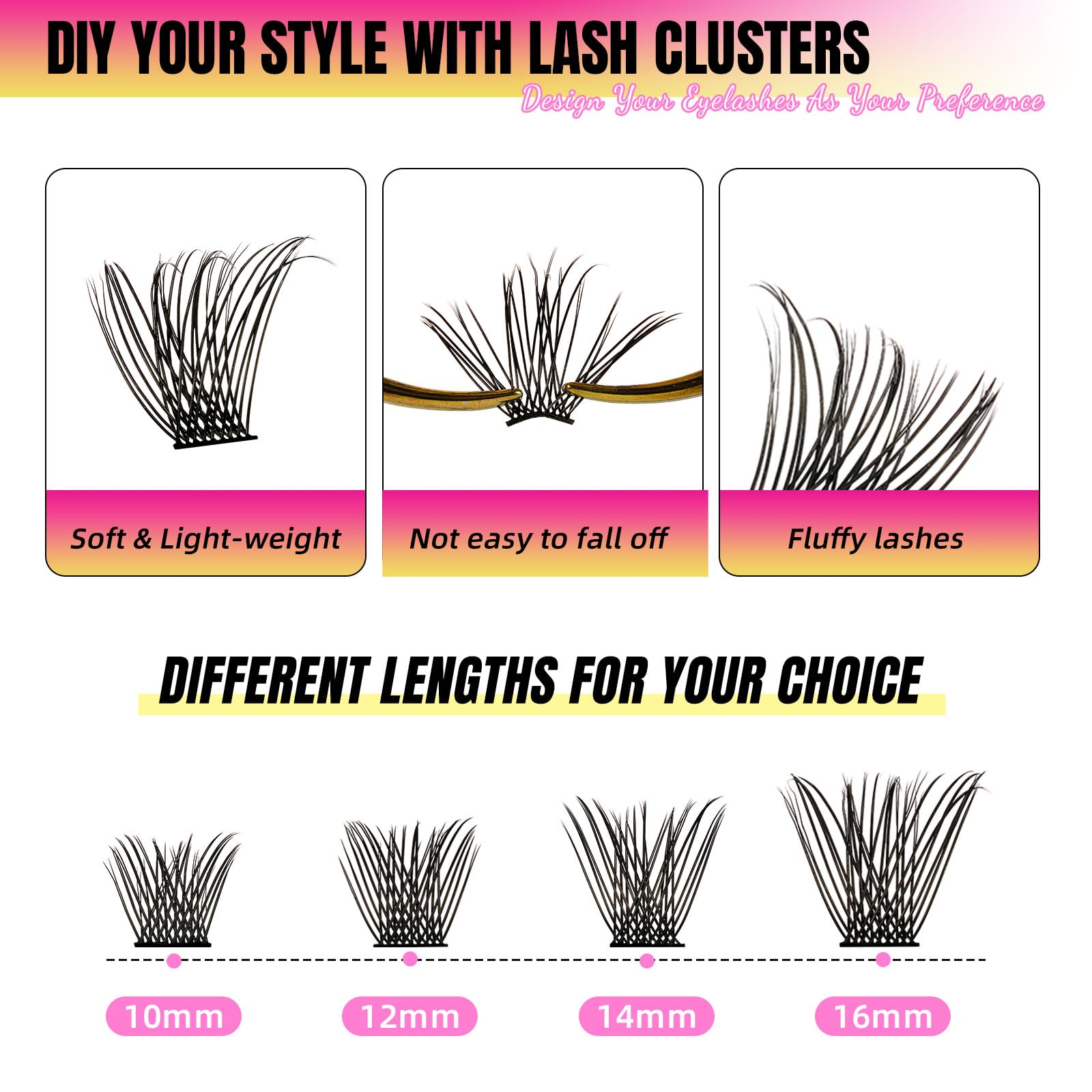 Набір W DIY Eyelash Extension Kit D Curl Cluster Lashes 72 шт. з Клей і Засіб для видалення вій Аплікатор для вій для початківців (ST Kit-D-10-16 мм), фото №3