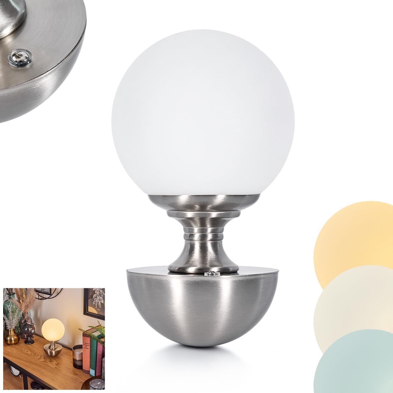 Світлодіодна настільна лампа Lakolk метал/скло акумуляторна 2,5 Вт 243 лм USB-C матовий нікель/матове скло, фото №1