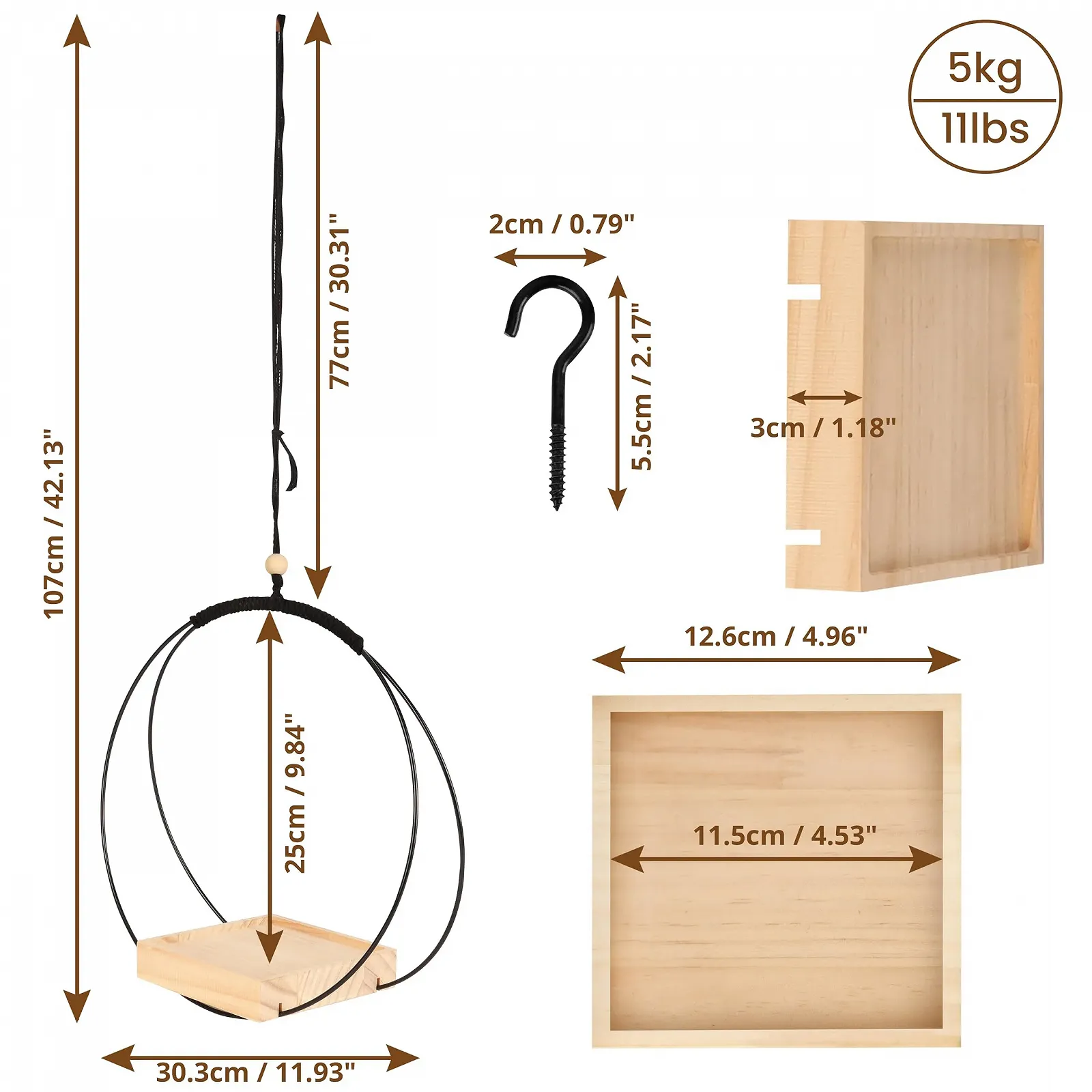 Подвесное кашпо макраме Belle Vous 107 см с деревянным основанием и крючком в комплекте, фото №2