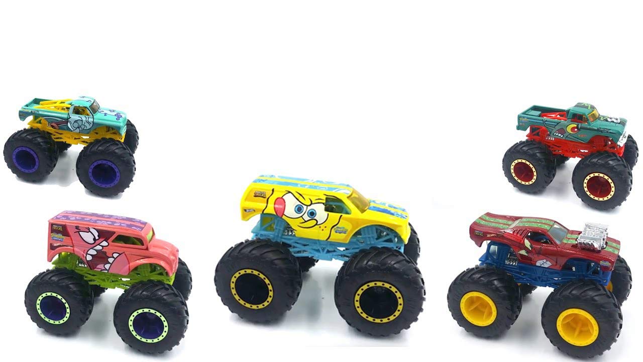 Машинка Hot Wheels Monster Wheels Character Action Jam Squarepants Набор из 5 официальных пикапов + Губка Боб Жёлтый Bubble Bash/Патрик/Сквидвард/Мистер Крабс/Планктон литьё под давлением, фото №2