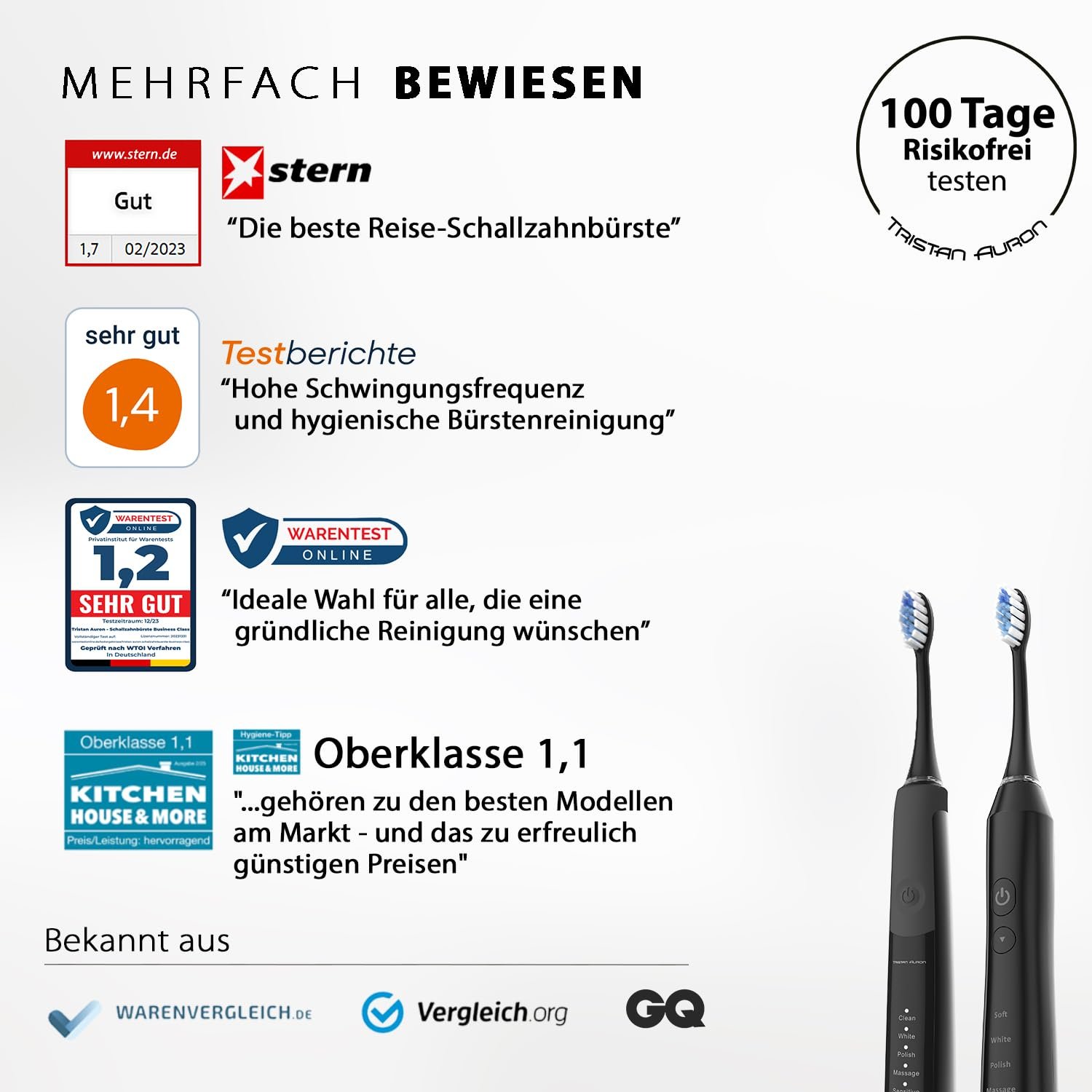 Електрична звукова зубна щітка Tristan Auron Sonic 55000 коливань 5 режимів 60 днів роботи Black, фото №2