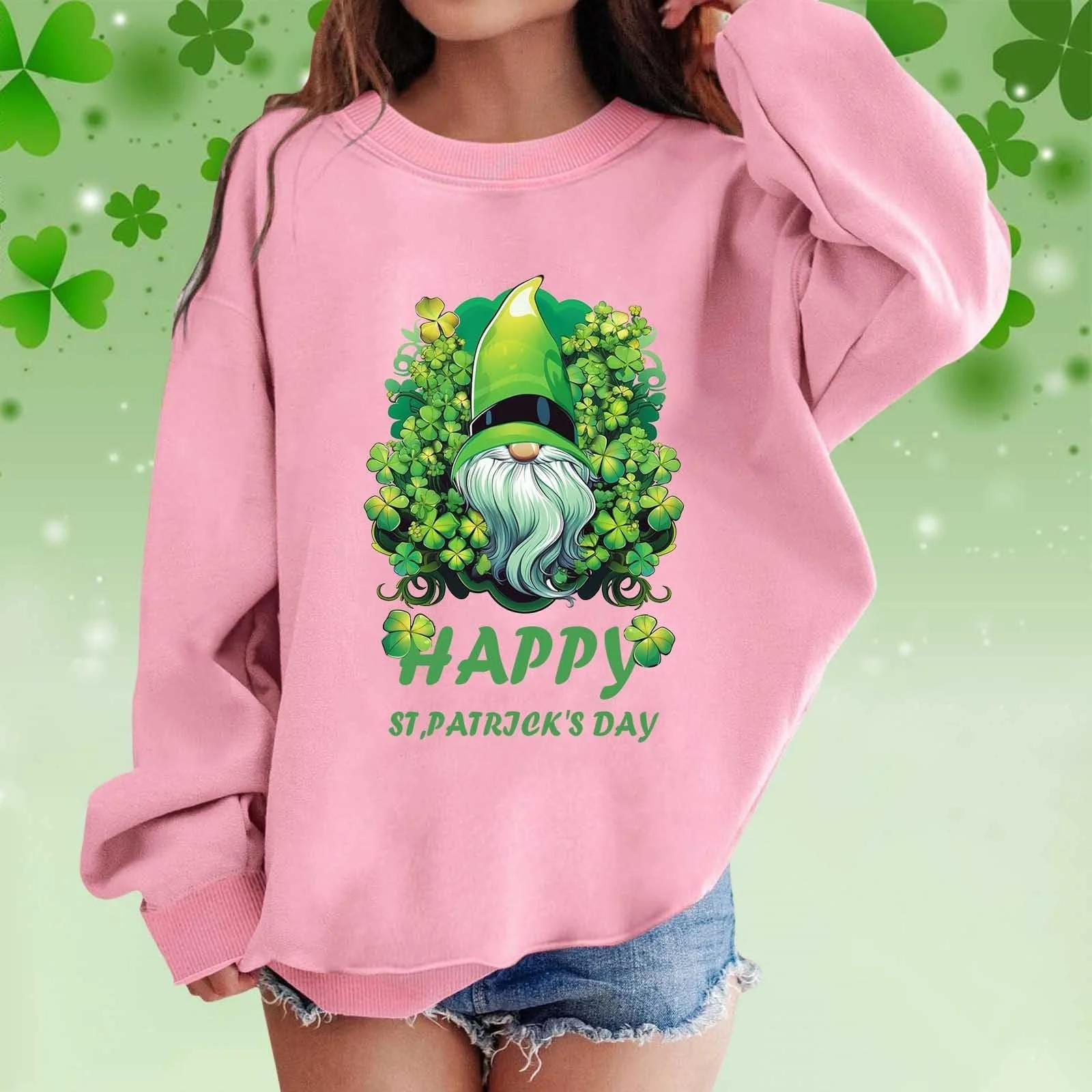Пуловер для девочки с графическим принтом ко Дню Святого Патрика, круглый вырез, длинные рукава, милый пуловер с приспущенным плечом, фото №3