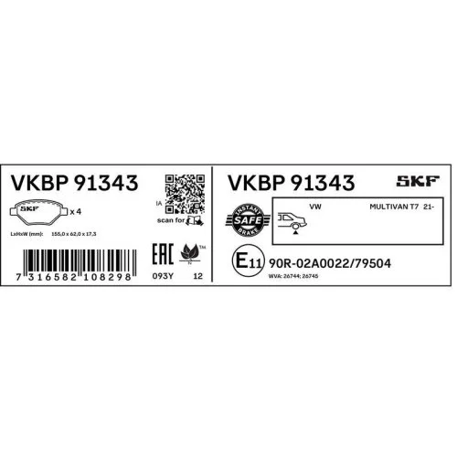 Комплект гальмівних колодок дискового гальма SKF VKBP 91343 для VW, фото №2