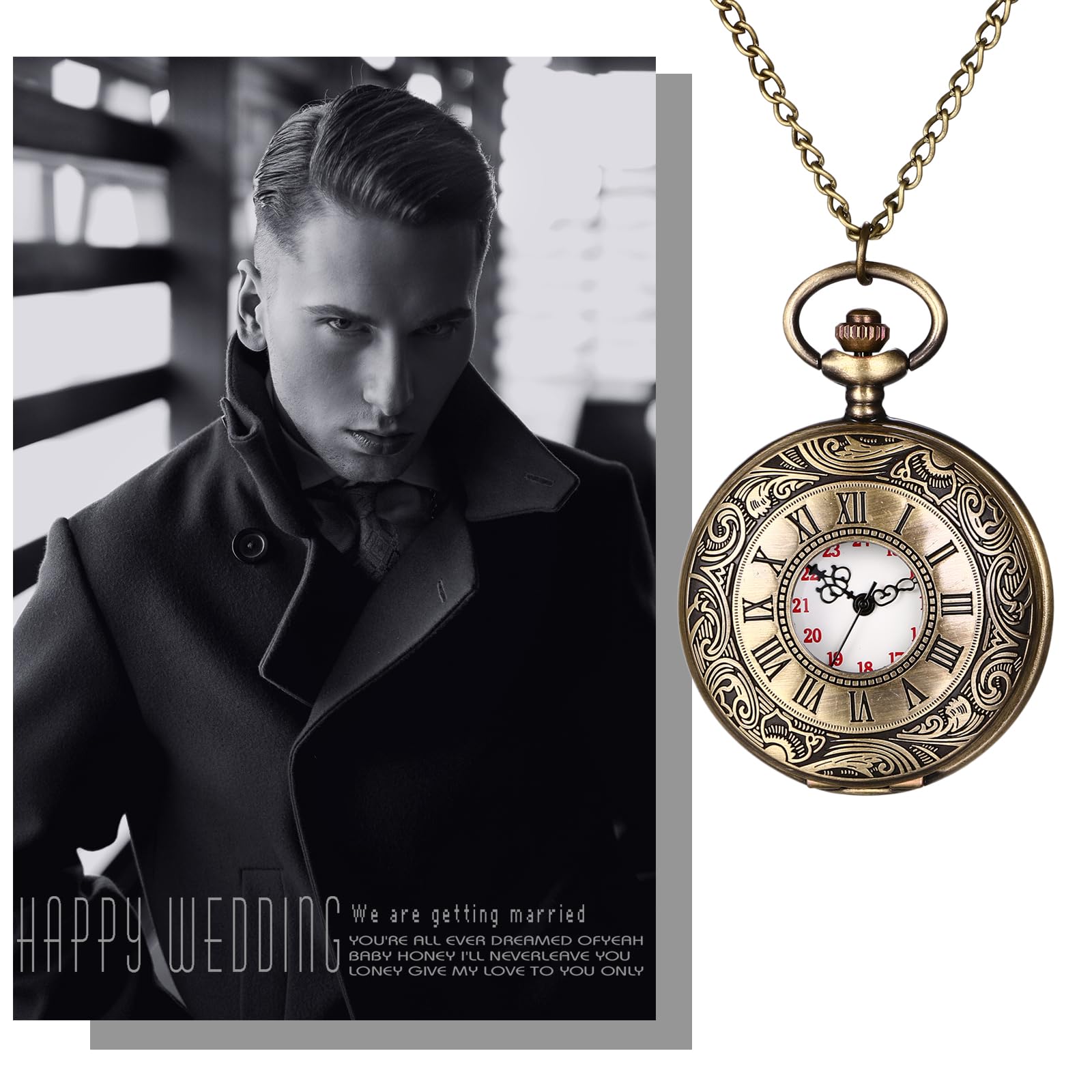 Карманные часы JewelryWe Analogue Quartz Retro Королевский флеш / Компас / Цветы / Колокол / Мотоцикл Цепной часы Бронзовые для мужчин, фото №4
