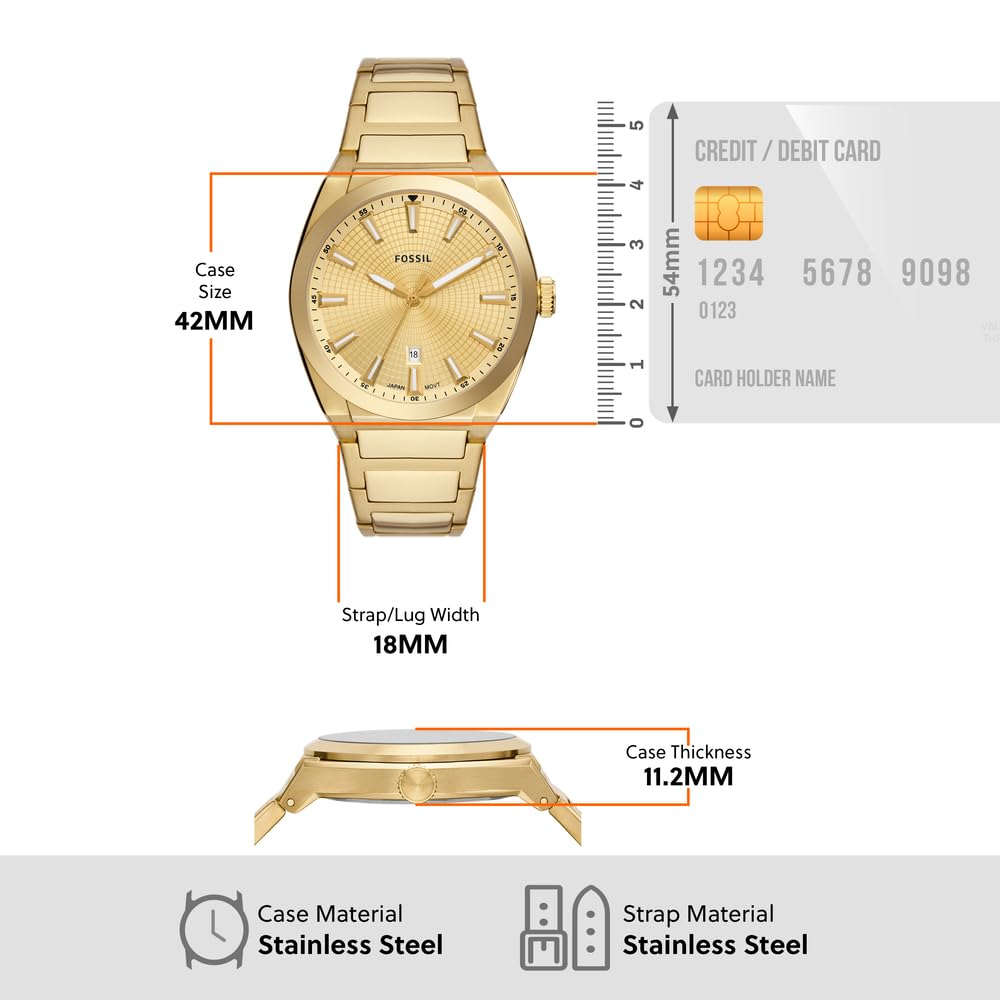 Часы Fossil Everett мужские, кварцевый механизм с тремя стрелками и датой с браслетом из нержавеющей стали или кожи, фото №7
