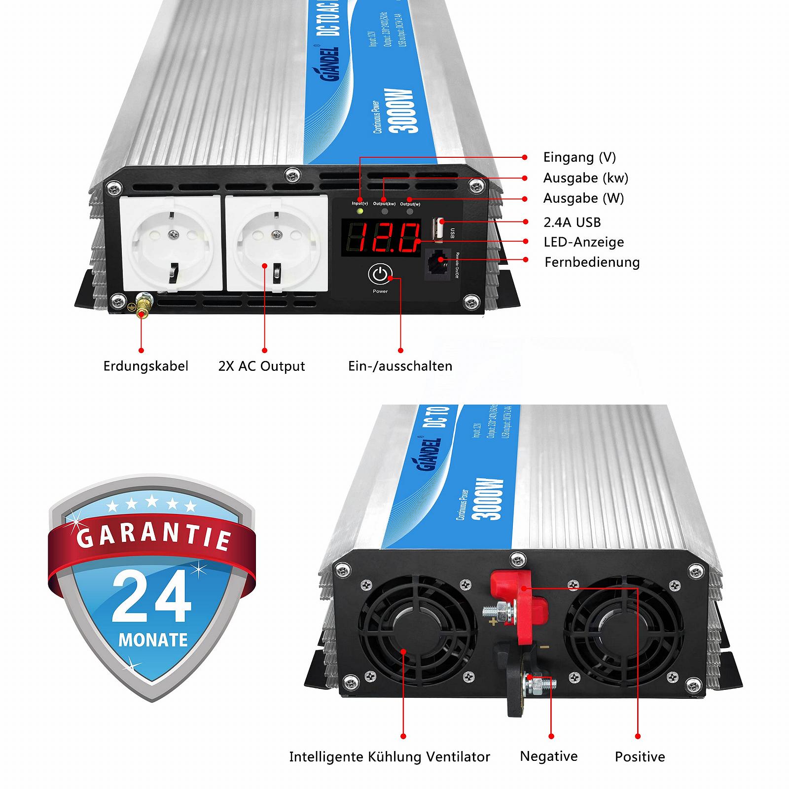 Інвертор GIANDEL Modified Sine Wave 3000 W 12 V в 230 V з пультом ДК та LED дисплеєм 2 розетки AC та USB порт, фото №6