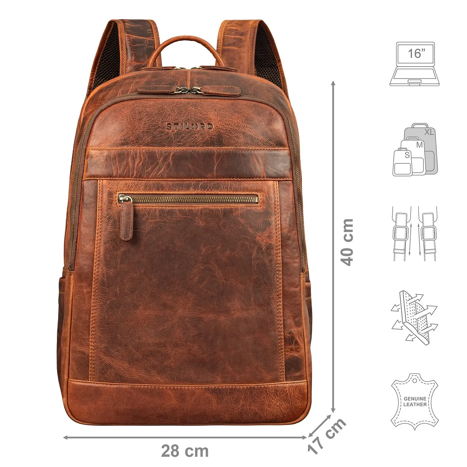 Рюкзак для ноутбука STILORD Jamal 16 дюймів шкіряний Kara - Cognac, фото №3 Рюкзак для ноутбука STILORD Jamal 16 дюймів шкіряний Kara - Cognac, фото №3