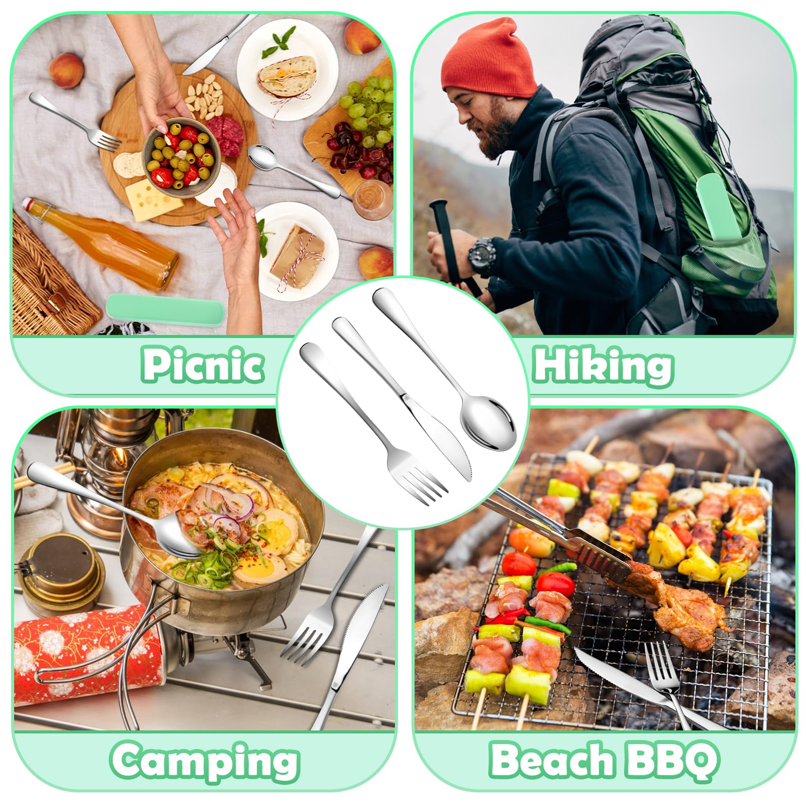 Набір столових приладів NVIYAM Camping Cutlery Set 3 шт нержавіюча сталь зелений, фото №7