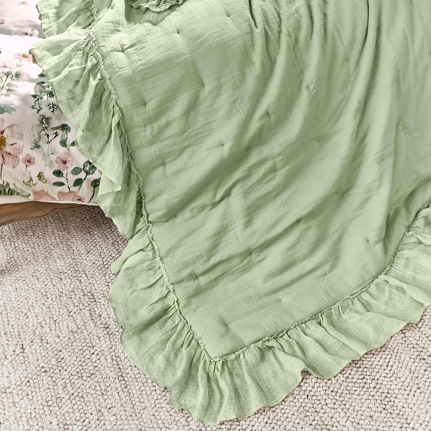 Покривало Loberon Martone М'яка підкладка Бавовна, Льон, Зелений, фото №4