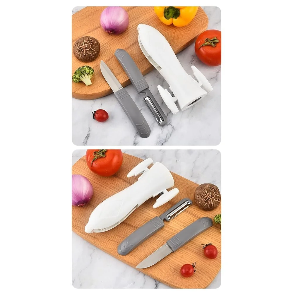 Багатофункціональний кухонний інструмент 5-в-1 овочечистка ніж відкривачка точилка та прес для часнику у формі ракети Чорний, фото №3