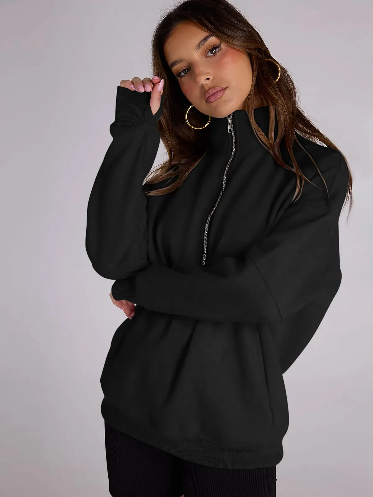 Женская толстовка на молнии Famulily однотонная с длинными рукавами свободного кроя зимняя флисовая с капюшоном и карманом S-XL, фото №4