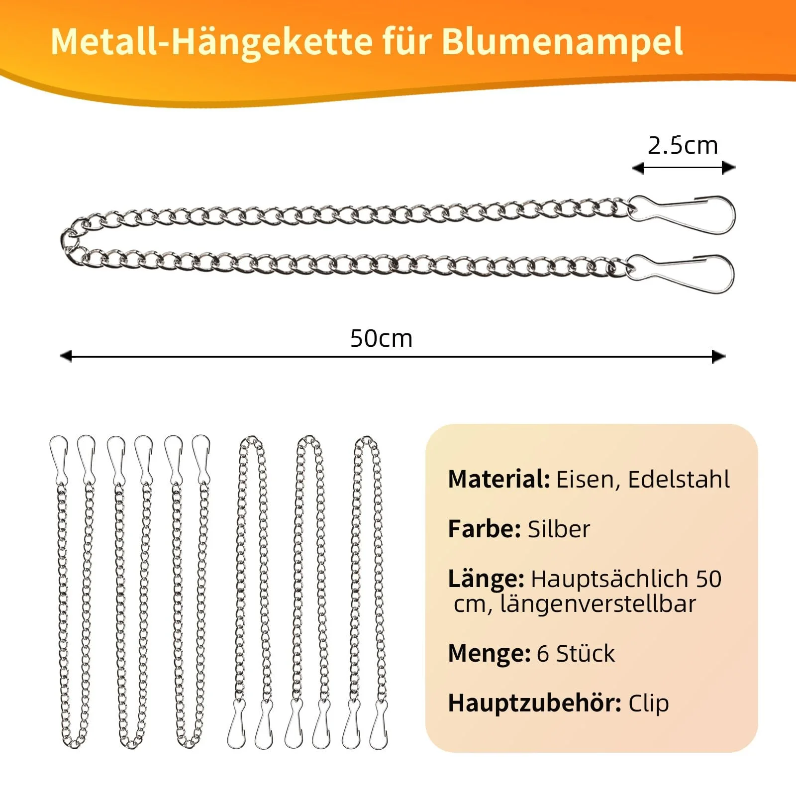Набір ланцюжків для підвісних кошиків Металеві регульовані для годівниць та декору, 6 шт., 50 см, Сріблястий, фото №2