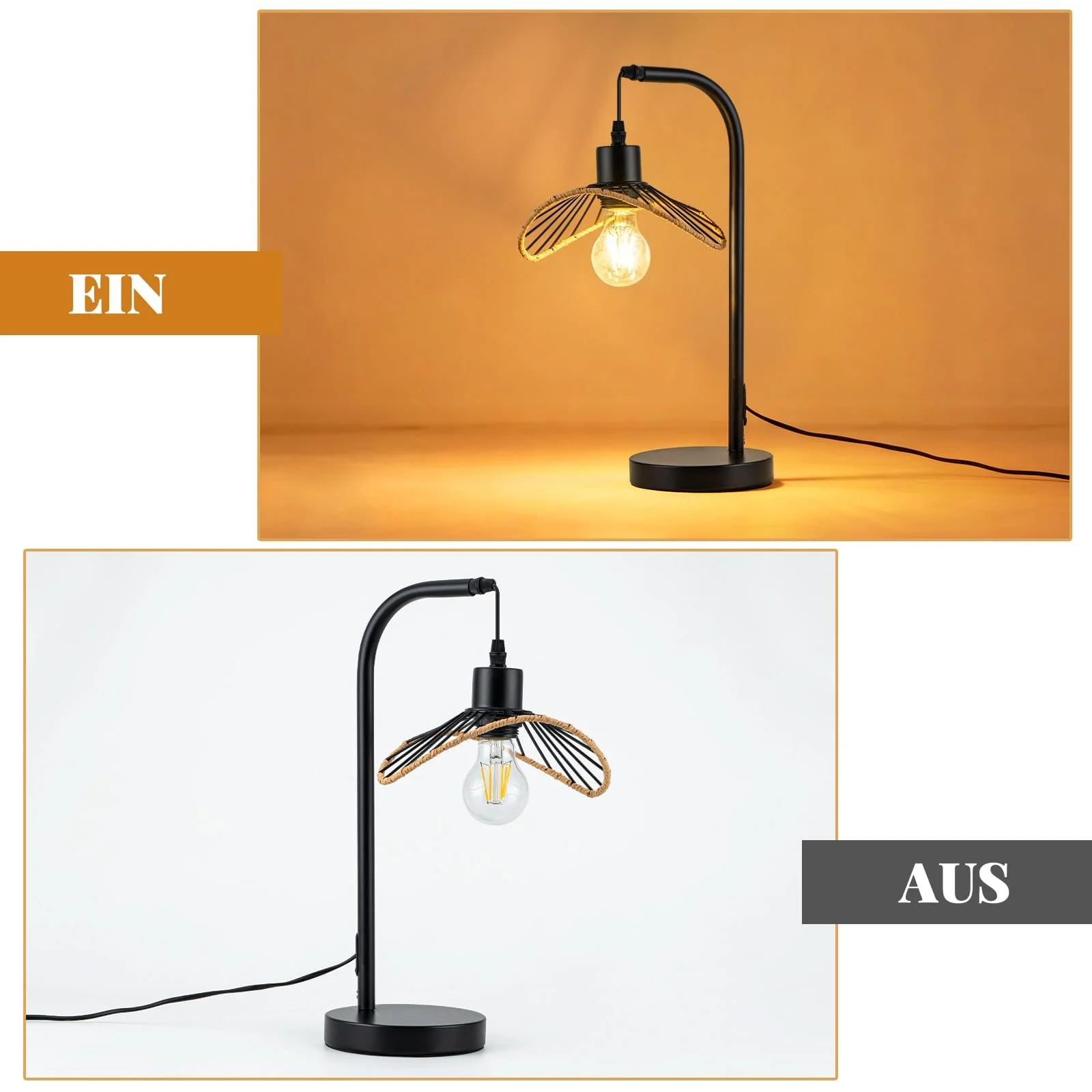 Настільна лампа Вінтажна Ретро Металева E27 Форма капелюха Чорна 150 см кабель, фото №7