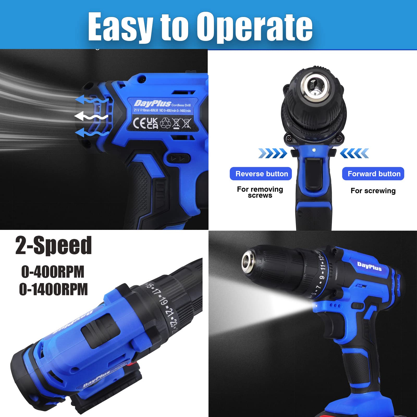 Аккумуляторная дрель 1500 мА·ч 3/8 дюйма Бесключевой патрон 2 скорости Макс 1400 об/мин 25+1 Нм Портативная отвертка с 26 сверлами и кейсом, фото №6