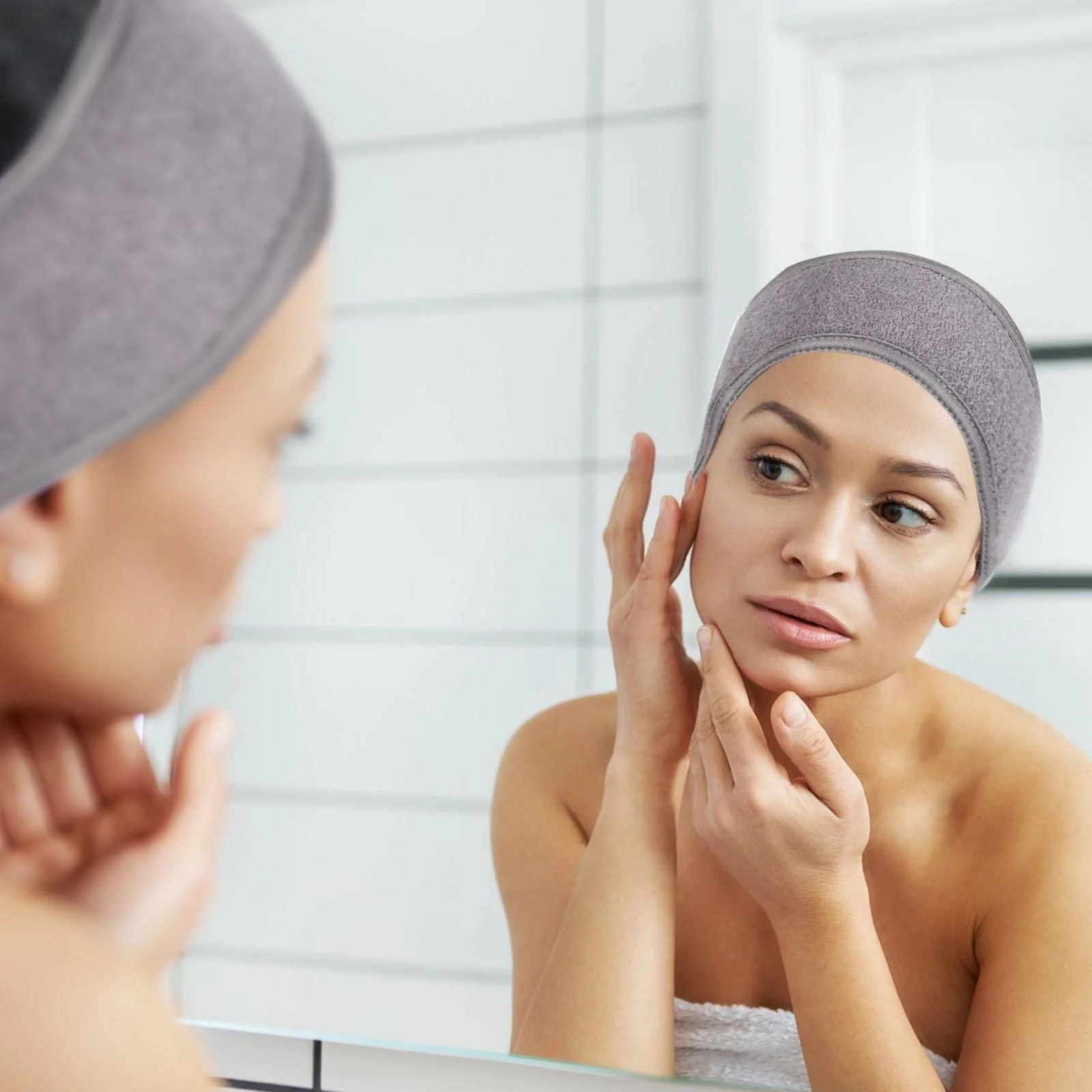 Пов'язка на голову Сіра для макіяжу, для вмивання обличчя, косметична, фото №7