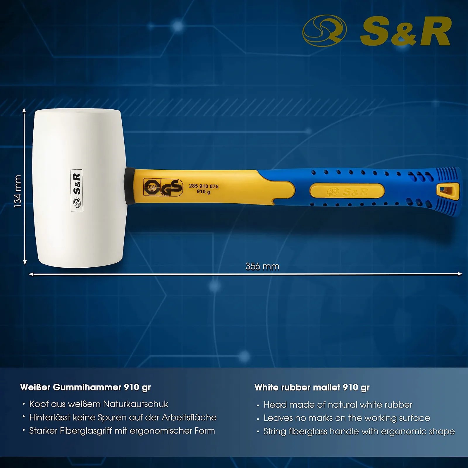 Резиновая киянка S&R с двойной изогнутой рукояткой из фибергласа белая, фото №2
