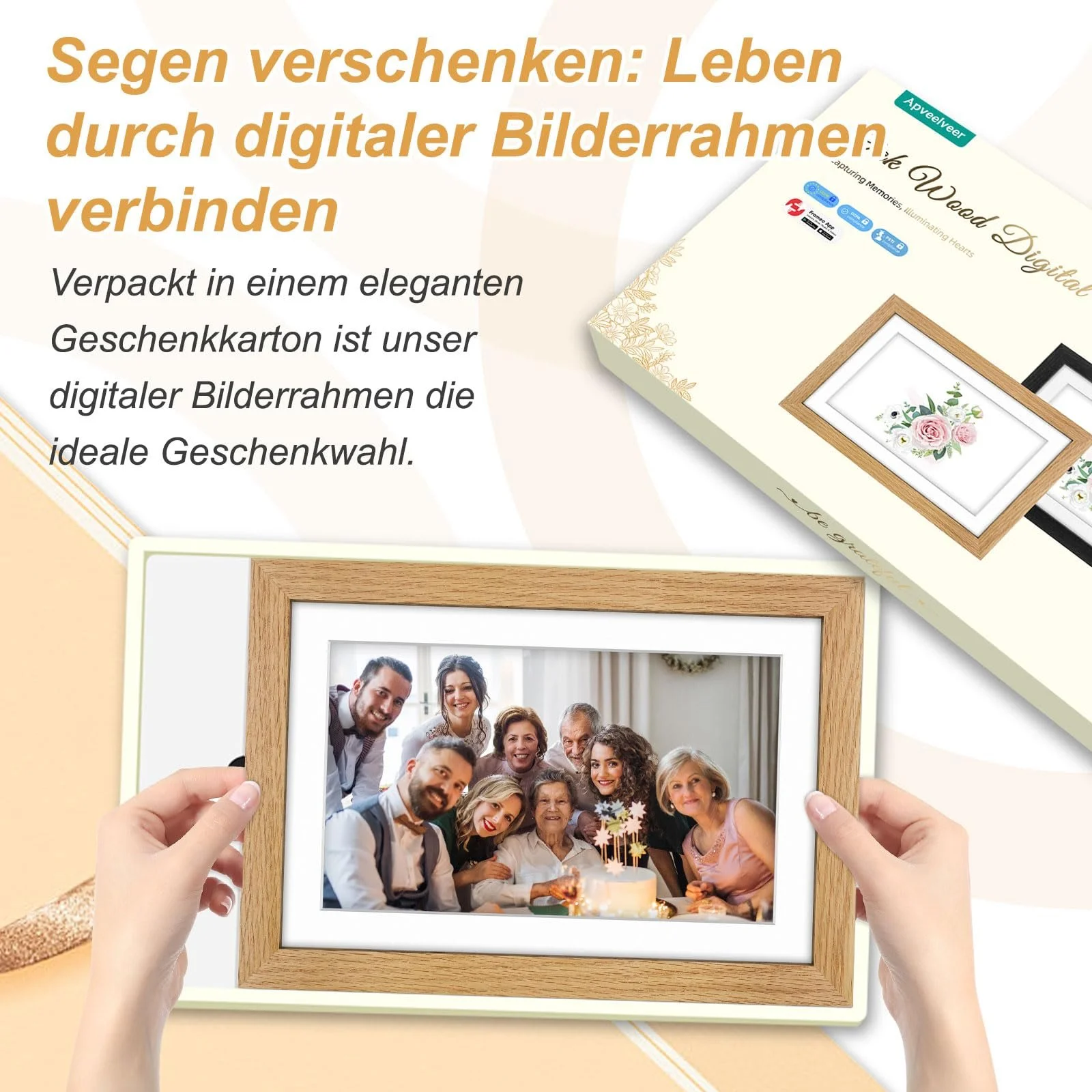 Цифровая фоторамка Apveelveer Wood WiFi 10.1 дюйма 32 GB 1280 x 800 IPS Touchscreen Frameo Oak Wood, фото №3