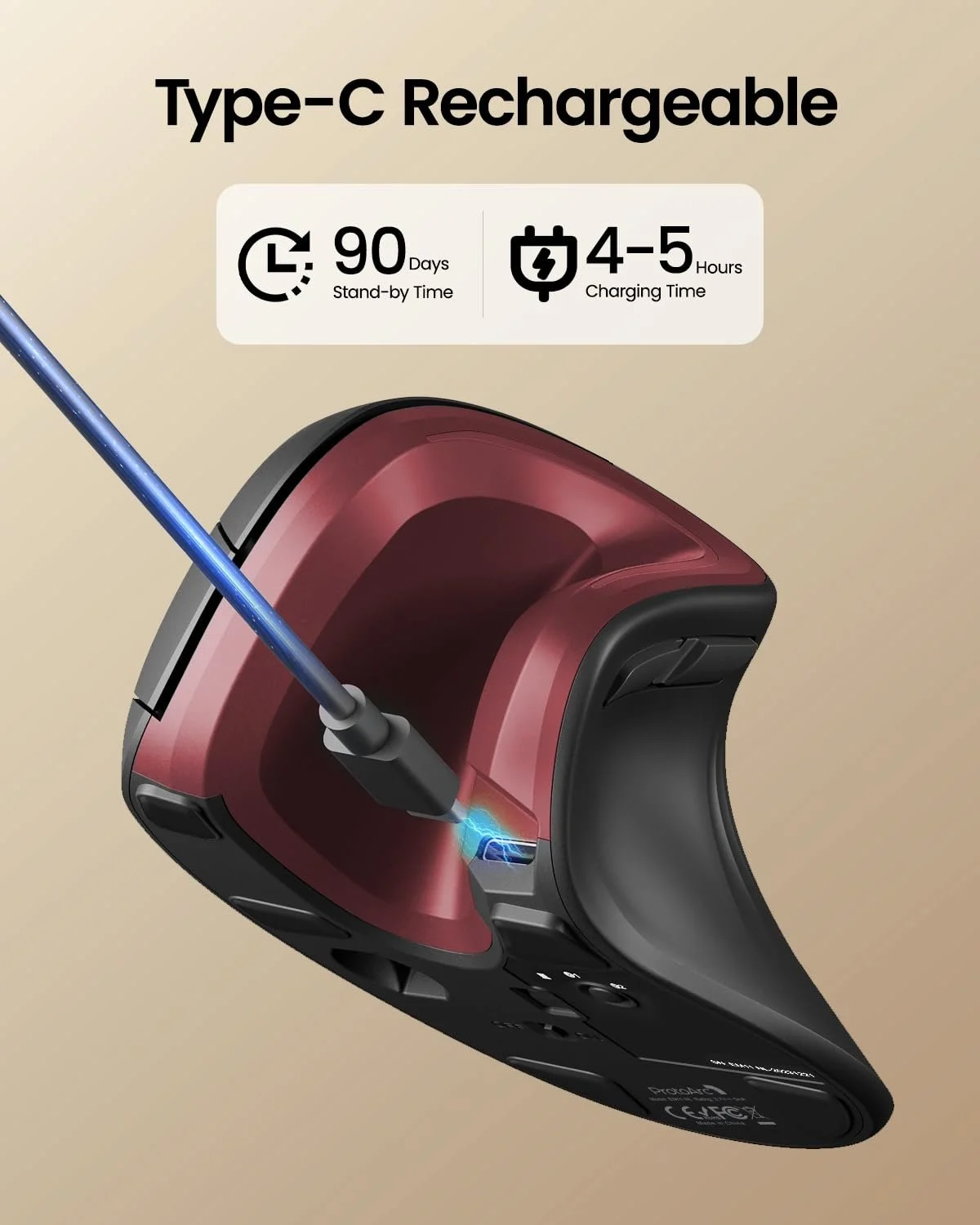 Мышь ProtoArc EM11 Беспроводная, эргономичная, вертикальная, перезаряжаемая, 3 устройства (2 x Bluetooth + USB), черно-красная, фото №7