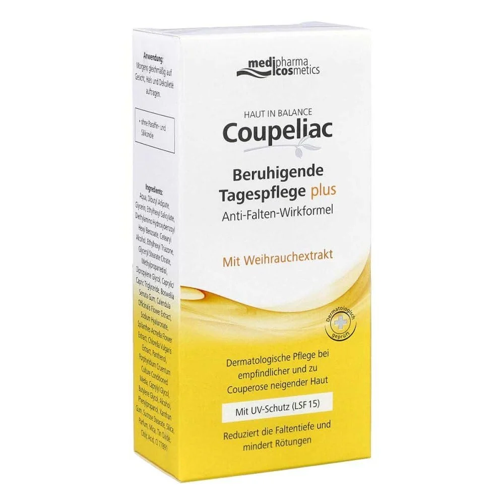 Денний крем Coupeliac Plus заспокійливий для шкіри схильної до куперозу SPF 15 50 мл, фото №1 Денний крем Coupeliac Plus заспокійливий для шкіри схильної до куперозу SPF 15 50 мл, фото №1