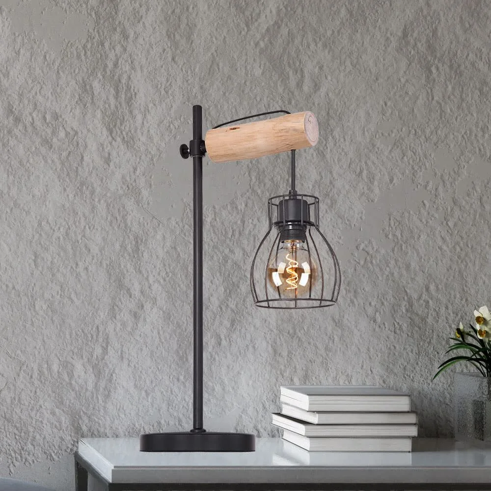 Настольная лампа ретро дерево металл черная сетка 1x E27 33 x 55 см, фото №4