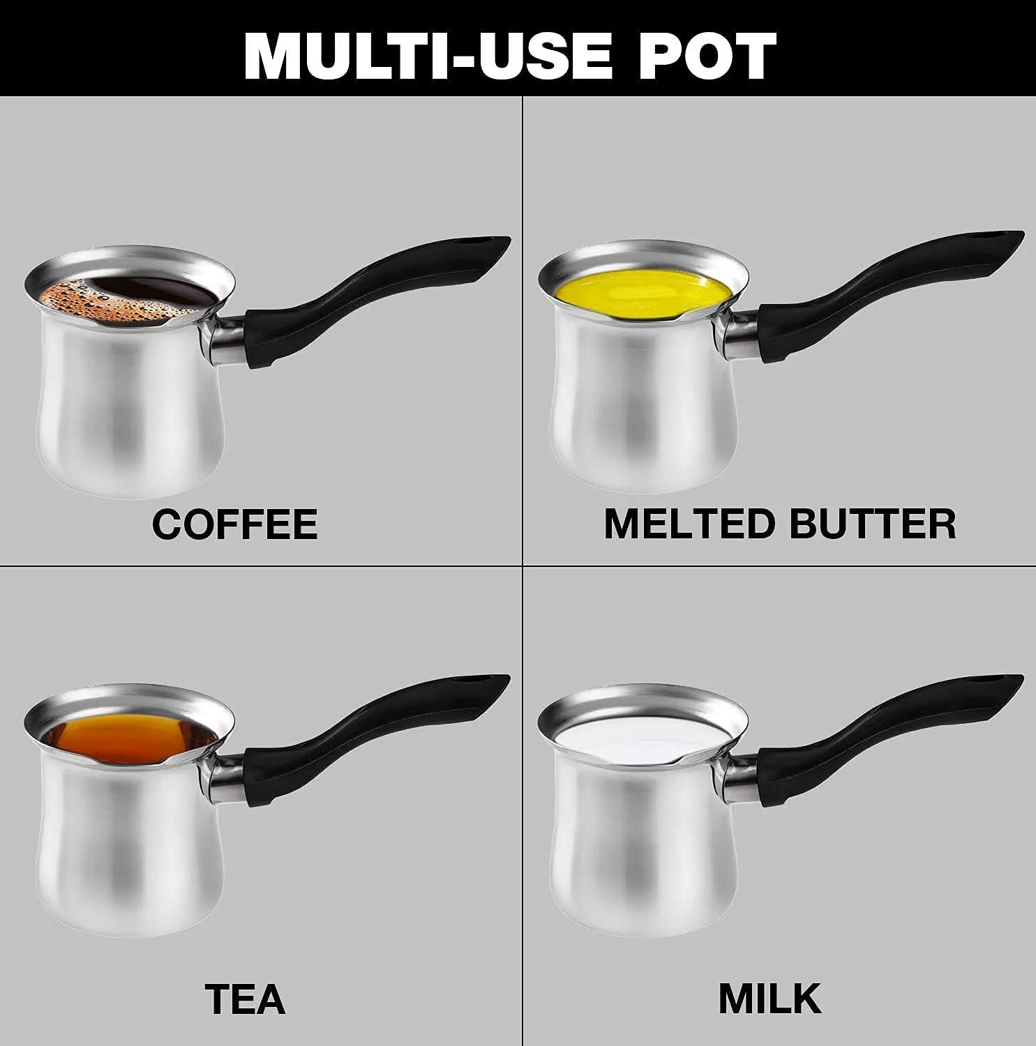 Турка DESTALYA для приготовления турецкого кофе для плиты, сливочного масла и молока, набор из нержавеющей стали, Turk Kahvesi icin Cezve Характеристики Черный, фото №6