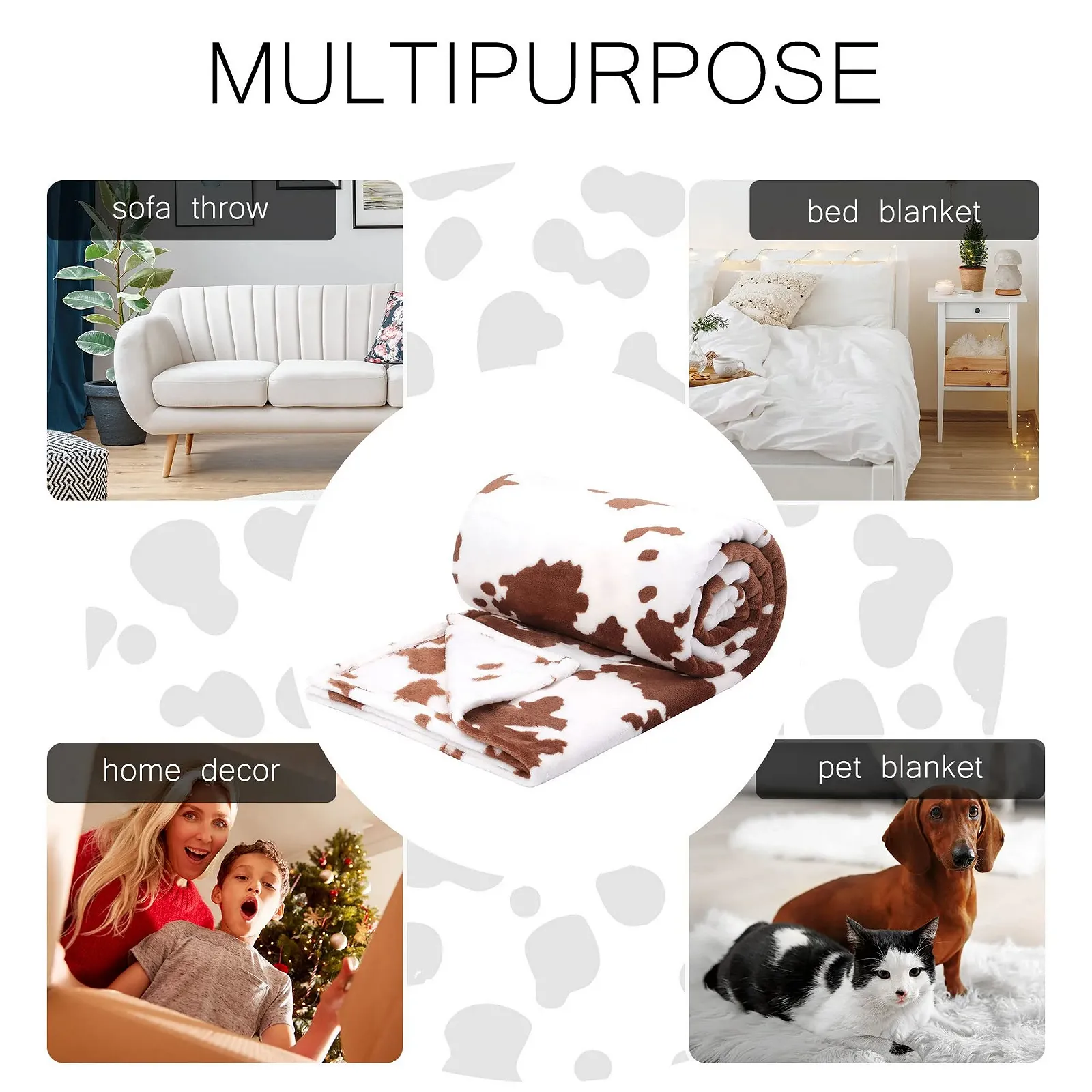 Одеяло PiccoCasa С принтом коровы, Мягкое Флисовое фланелевое одеяло 300GSM, Легкое, Милое, Удобное, Теплое, Одеяла из коровьей шкуры для дивана, кровати, офиса, 150 x 200 см, Коричневое, фото №6