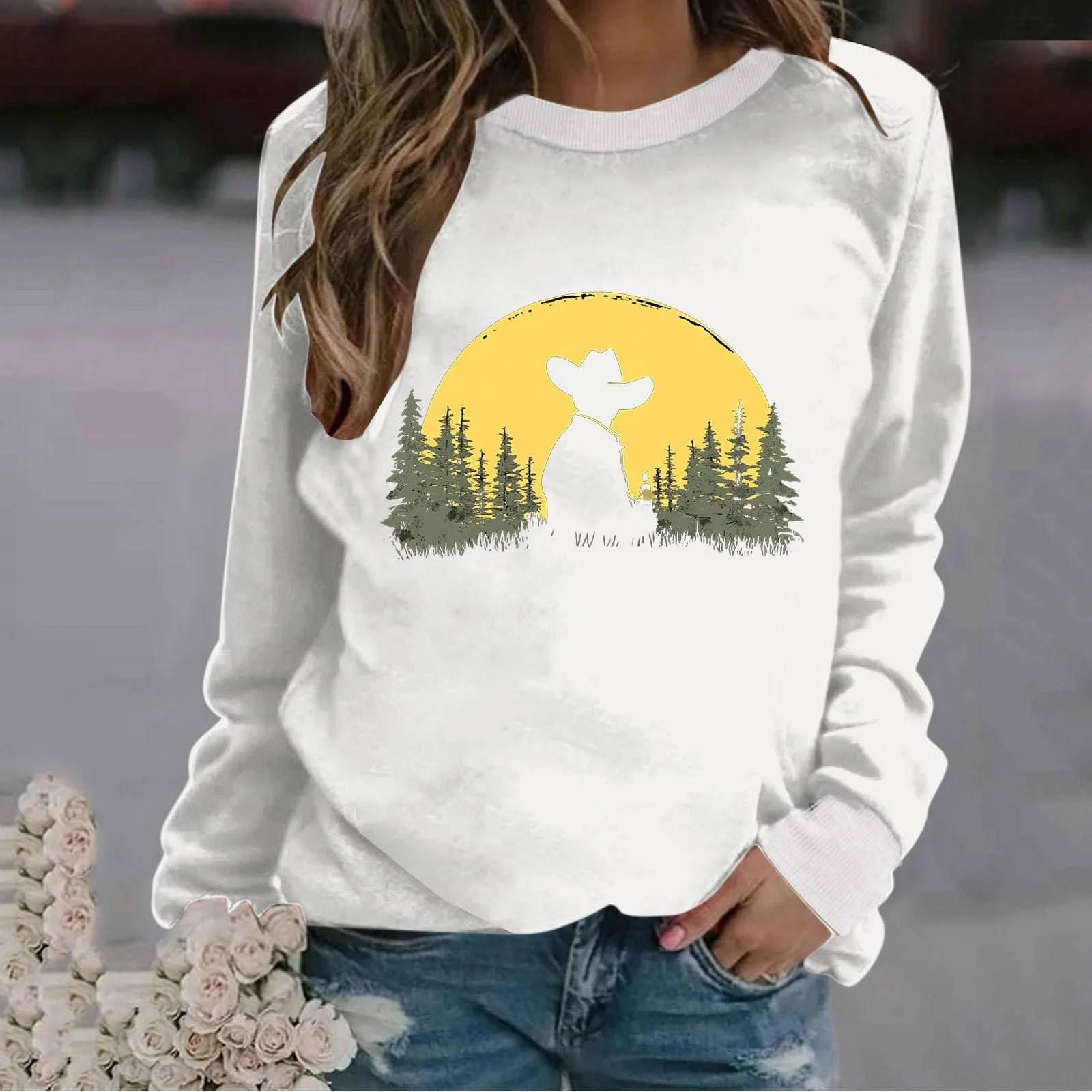 Лонгслив Komiseup Базовый Свитшот с круглым вырезом Свитшот свободного кроя без капюшона Western Cowboy Print Свитшот Праздничная Спортивная рубашка Модный топ с принтом лошади для девочки-подростка Streetwear 15, фото №2