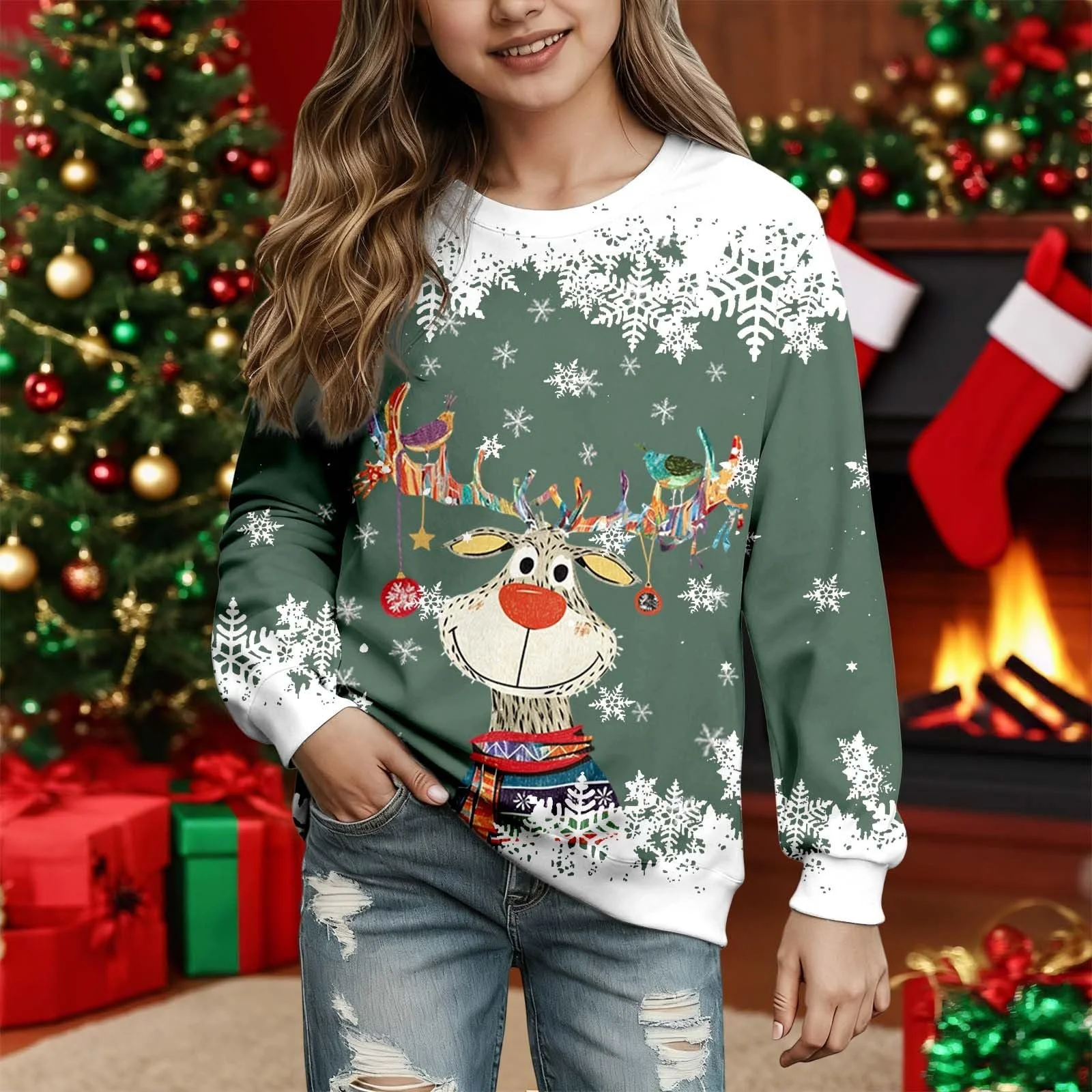 Дівчачий світшот з круглим вирізом, мультяшний олень, довгий рукав, фото №2