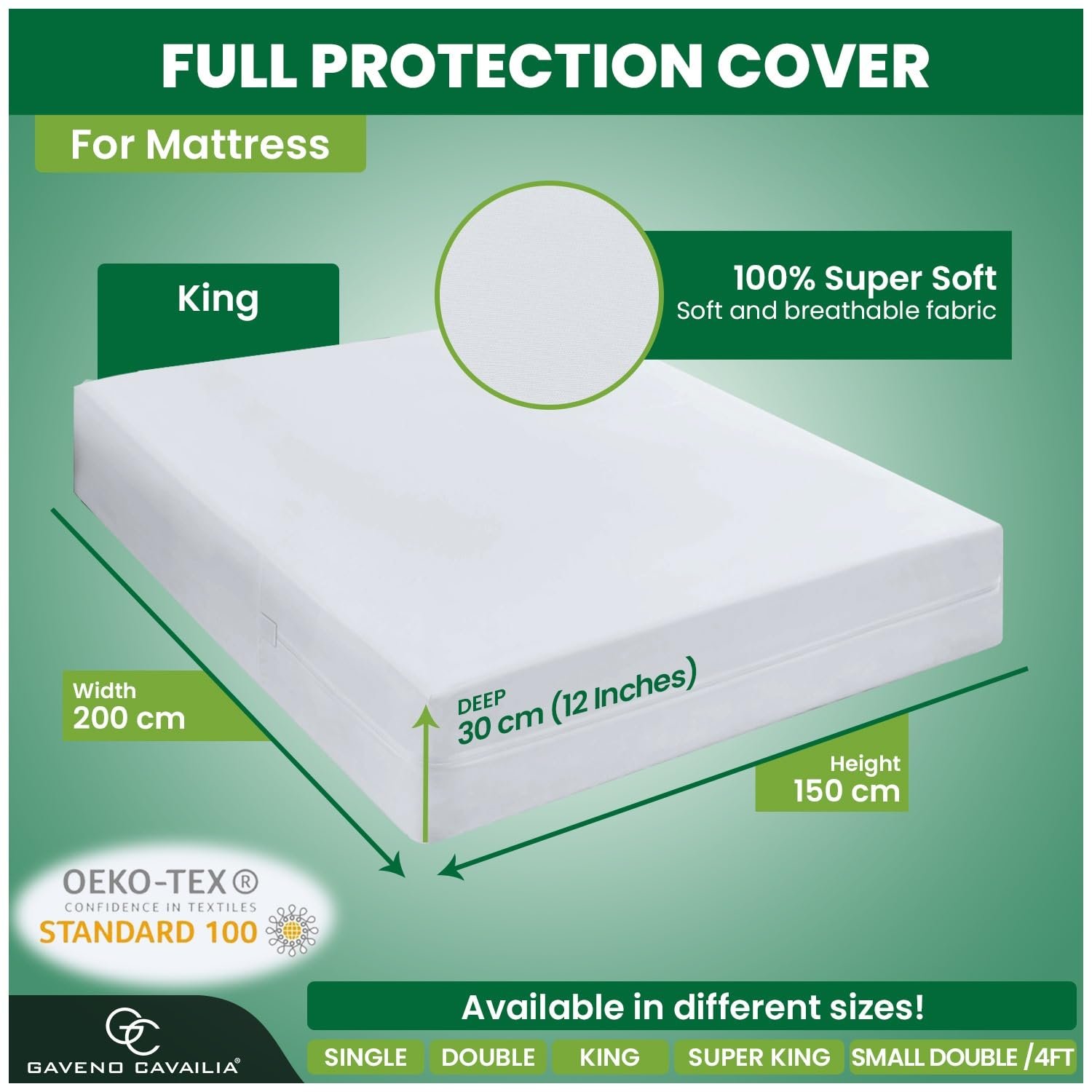Чехол для матраса GC GAVENO CAVAILIA Premium King Size 30 см Глубокий Водонепроницаемый Антиаллергенный Чехол на матрас на молнии Защита от клопов и пылевых клещей King Protector Белый, фото №6
