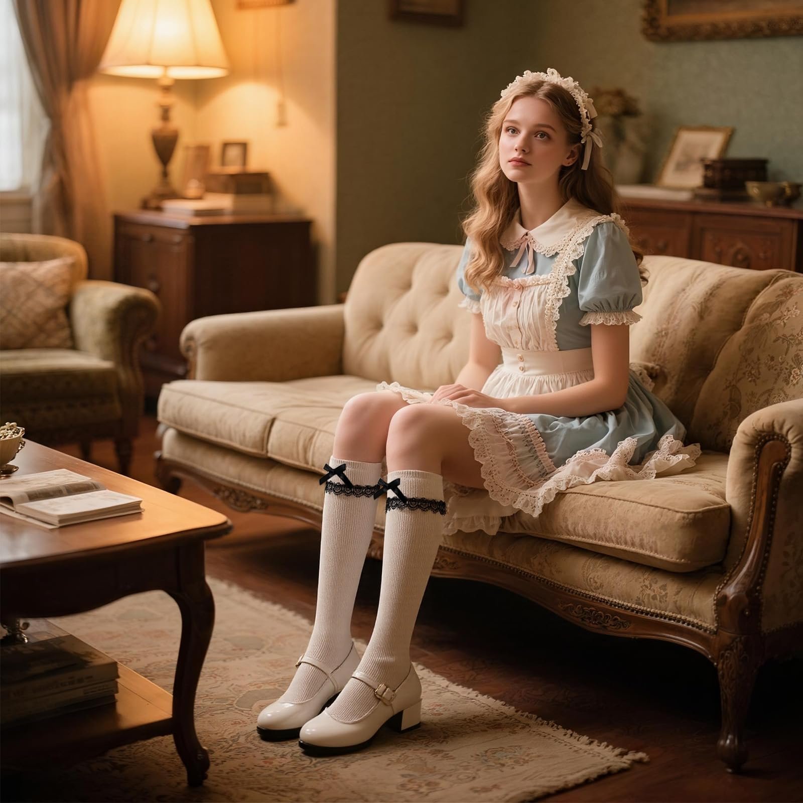 Женские носки Oktoberfest с оборками и вязаным крючком - традиционные носки до колен для дирндля - белые носки из хлопковой смеси с бантом, фото №3