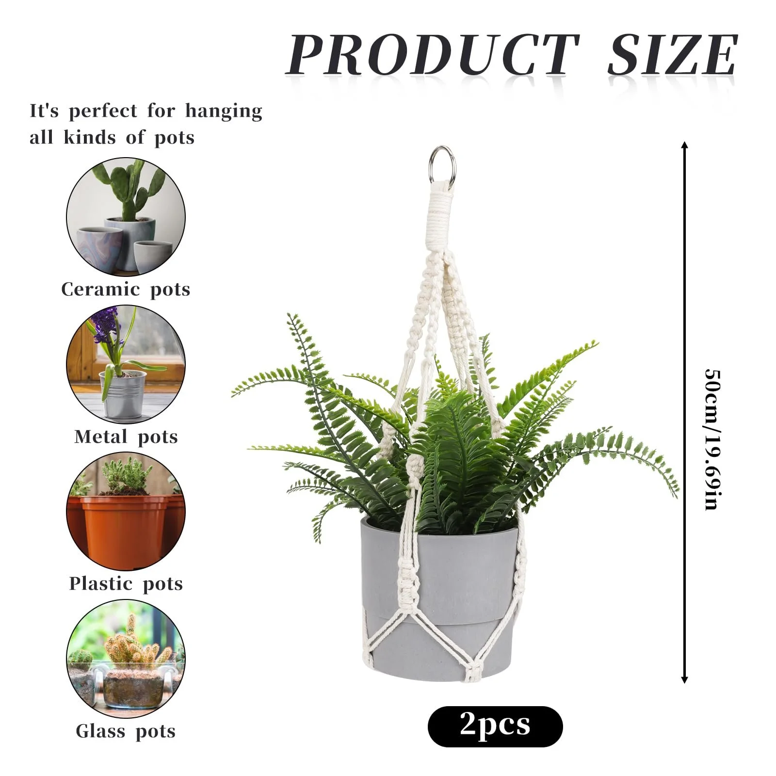 Підвісне кашпо макраме 2 шт. Boho Бавовняний плетений тримач без китиць з металевими кільцями 50 см (20 дюймів) Hydra, фото №4