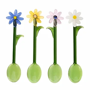 Ложка стеклянная Цветок 15 см, прозрачная, цветная, с длинной ручкой для смешивания кофе, для коктейлей, для дома, бара и вечеринок, набор 4 шт - Фото 1