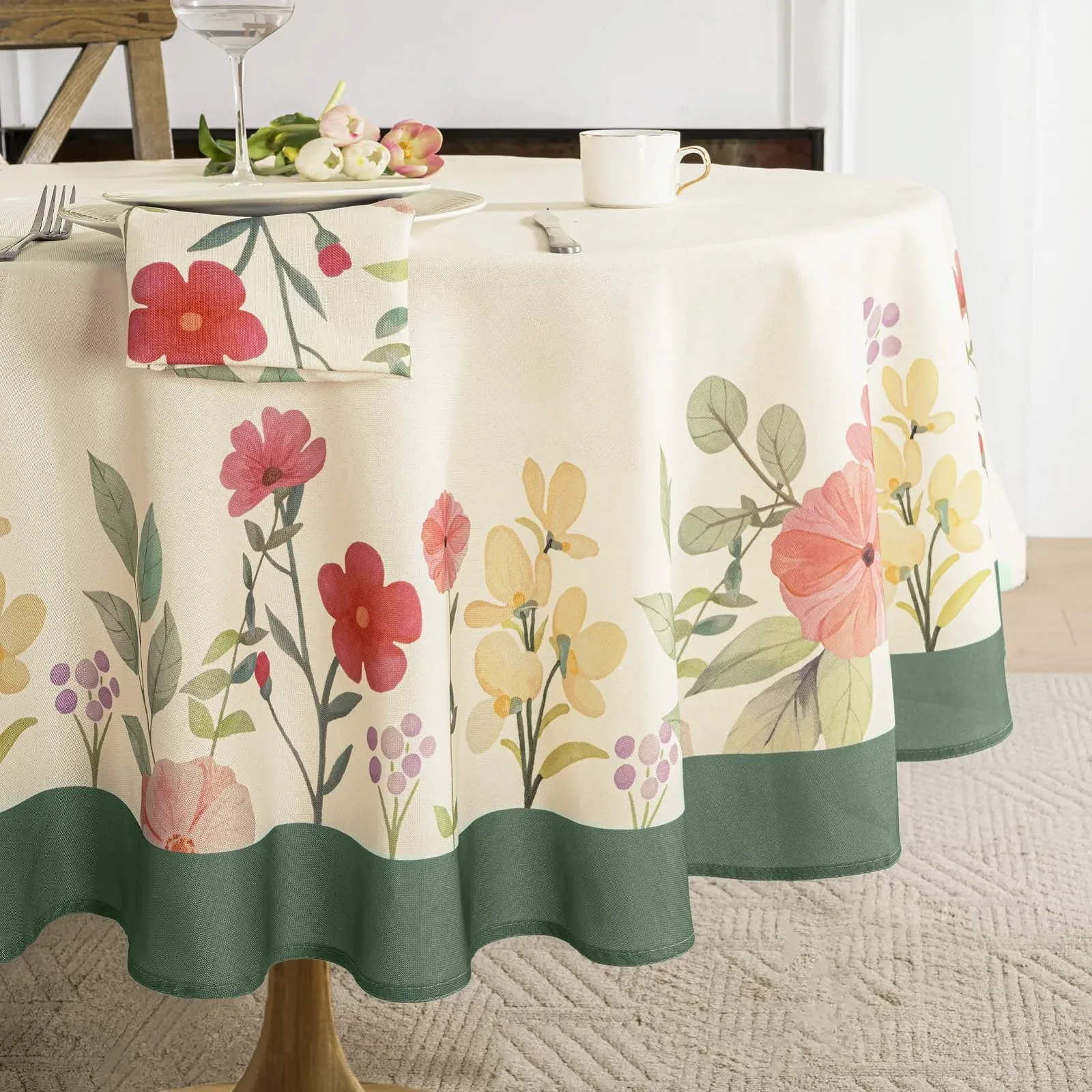 Скатертина Large Round Linen Look Spring Floral 180 см, фото №1