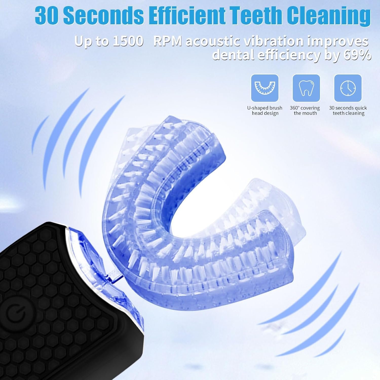 Електрична ультразвукова зубна щітка WingFly U-подібна 360° бездротова Black, M, фото №6