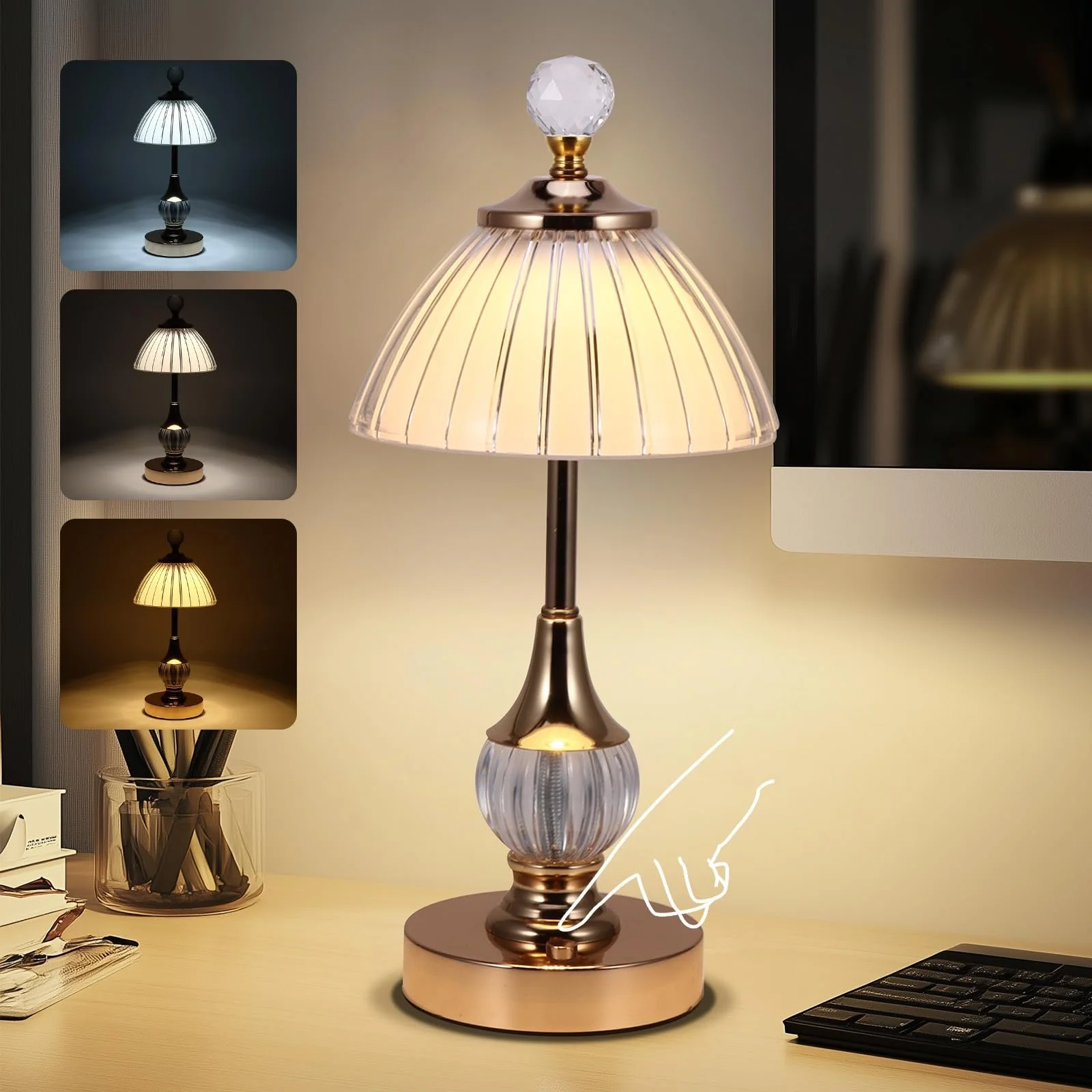 Настільна лампа ALLOMN кришталева світлодіодна акумуляторна сенсорна золота, фото №8