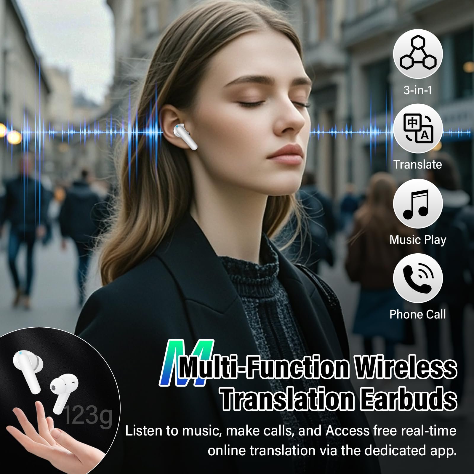 Навушники Перекладач AI 3-в-1 Голосовий 144 Мови з 200+ AI Додатками, Білий, фото №4